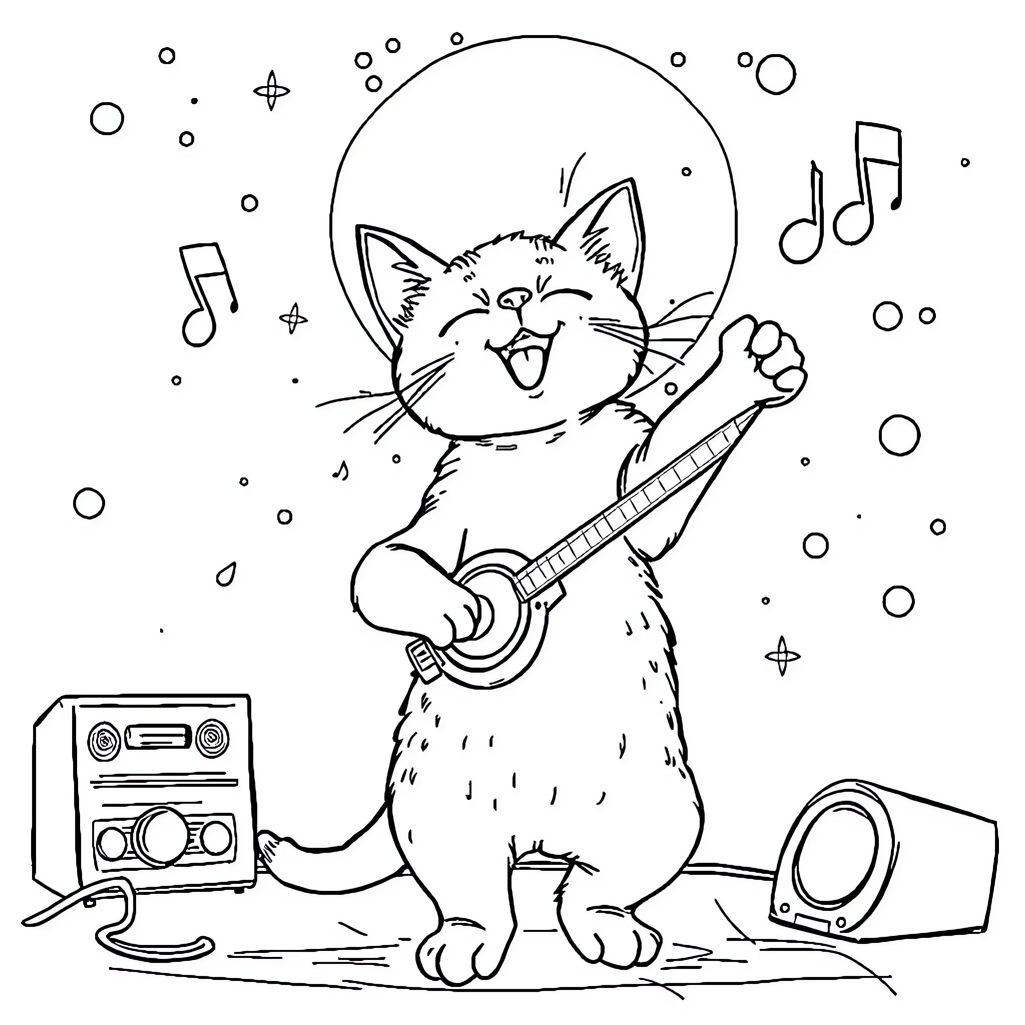 Chat with musical cat playing guitar Coloring Page (free black-and-white line drawing printable PDF for all, from beginners to advanced learners, including children, teens, adults, and seniors)