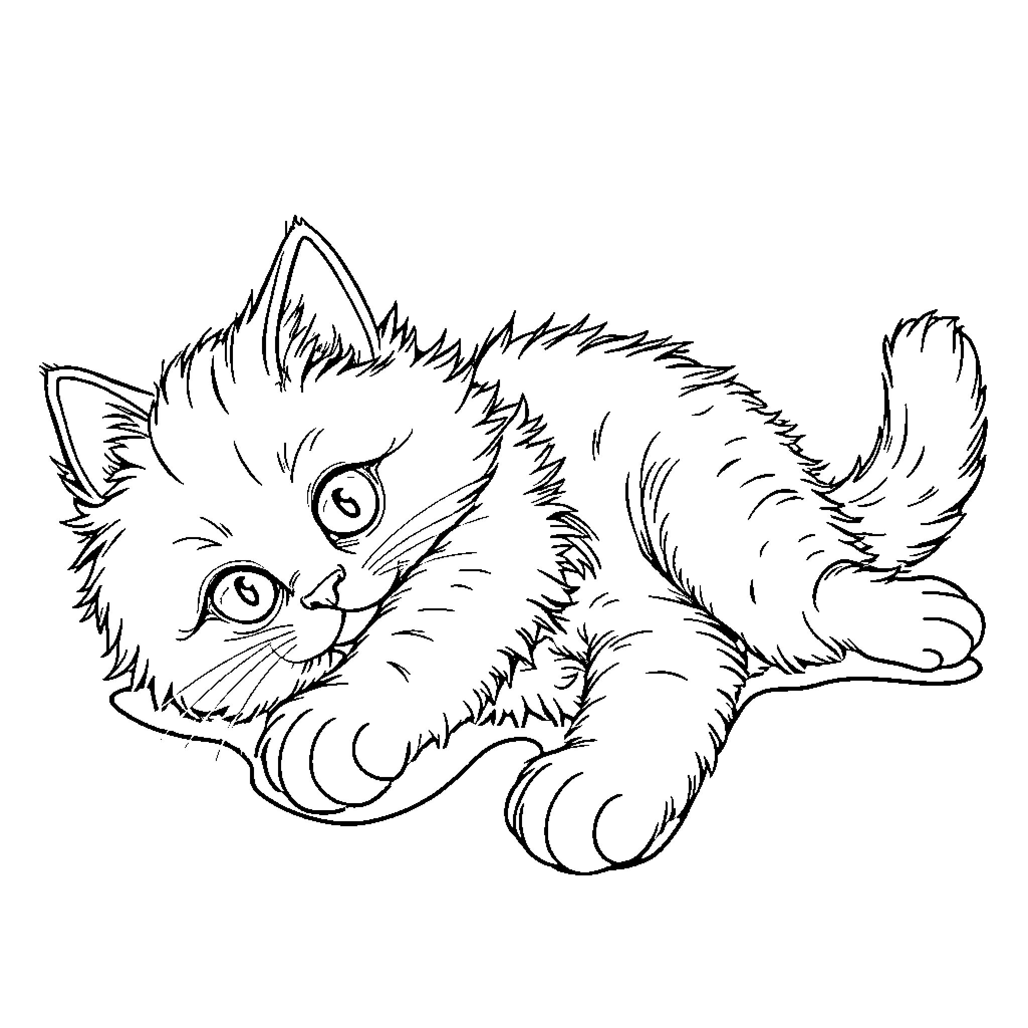 Cat in a playful pose Coloring Page (free black-and-white line drawing printable PDF for all, from beginners to advanced learners, including children, teens, adults, and seniors)