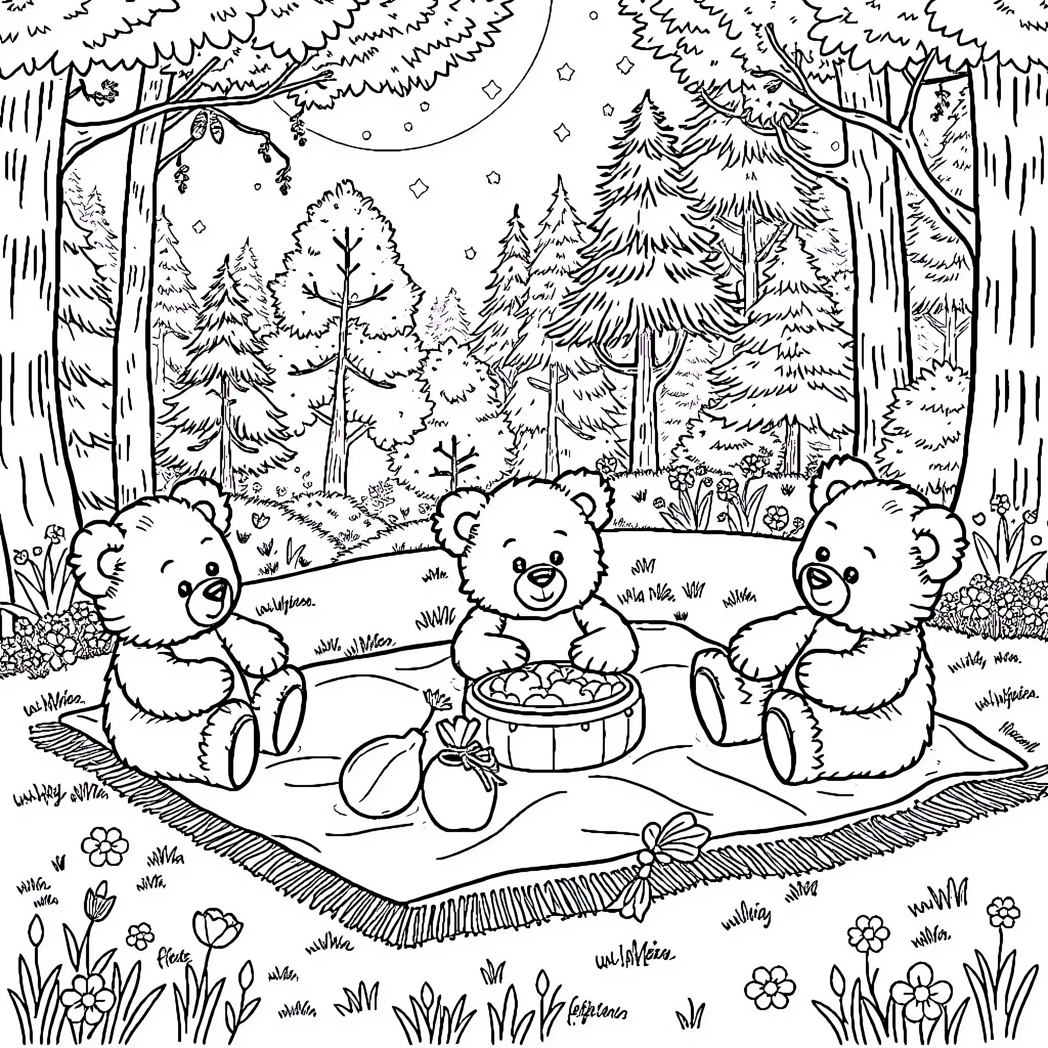 Teddy Bears Picnicking in the Snowy Forest Coloring Page (free black-and-white line drawing printable PDF for all, from beginners to advanced learners, including children, teens, adults, and seniors)