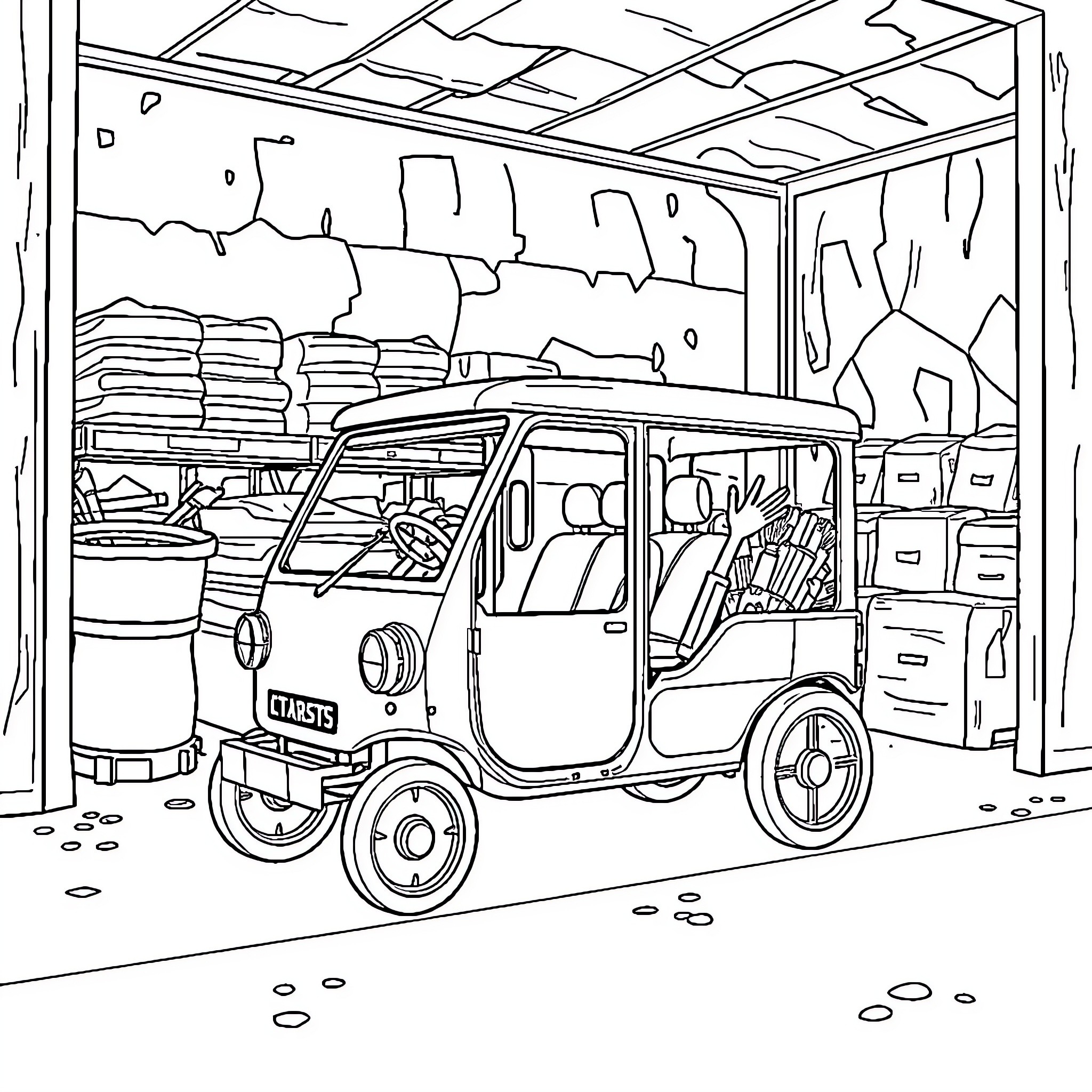 Cariste's Vehicle in a Storage Facility Coloring Page (free black-and-white line drawing printable PDF for all, from beginners to advanced learners, including children, teens, adults, and seniors)