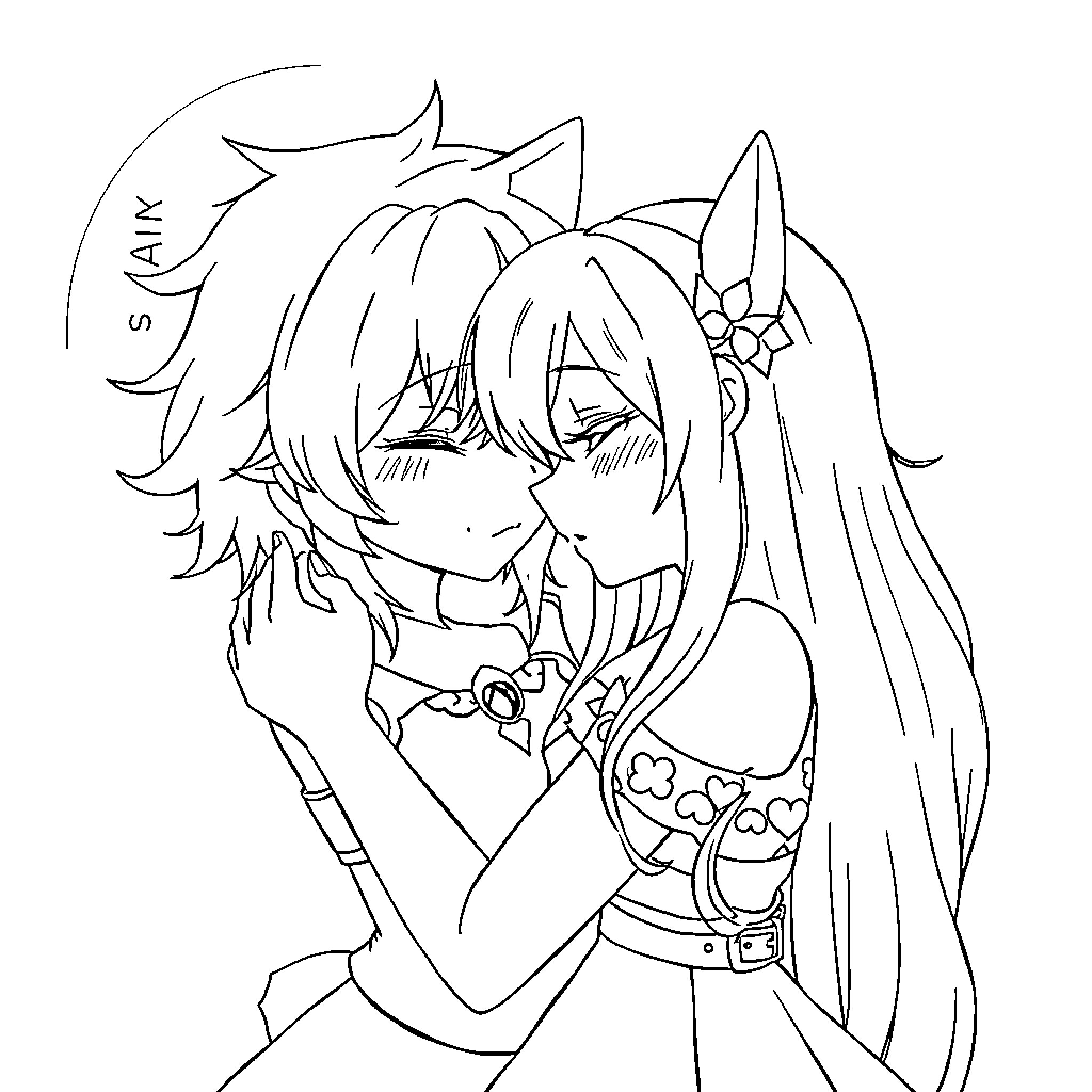 Sora and Kairi sharing a tender moment Coloring Page (free black-and-white line drawing printable PDF for all, from beginners to advanced learners, including children, teens, adults, and seniors)