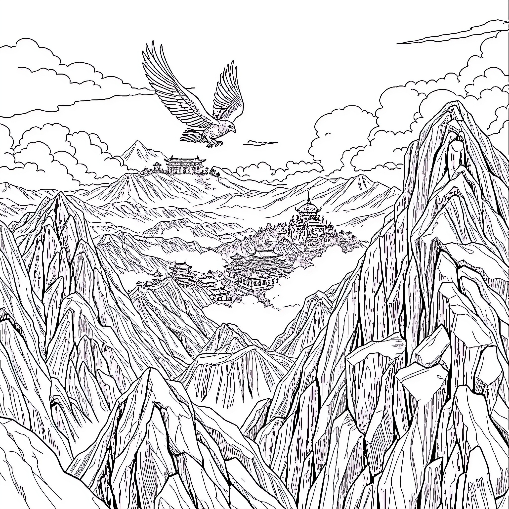 Yuko's Majestic Mountain Sanctuary Coloring Page (free black-and-white line drawing printable PDF for all, from beginners to advanced learners, including children, teens, adults, and seniors)