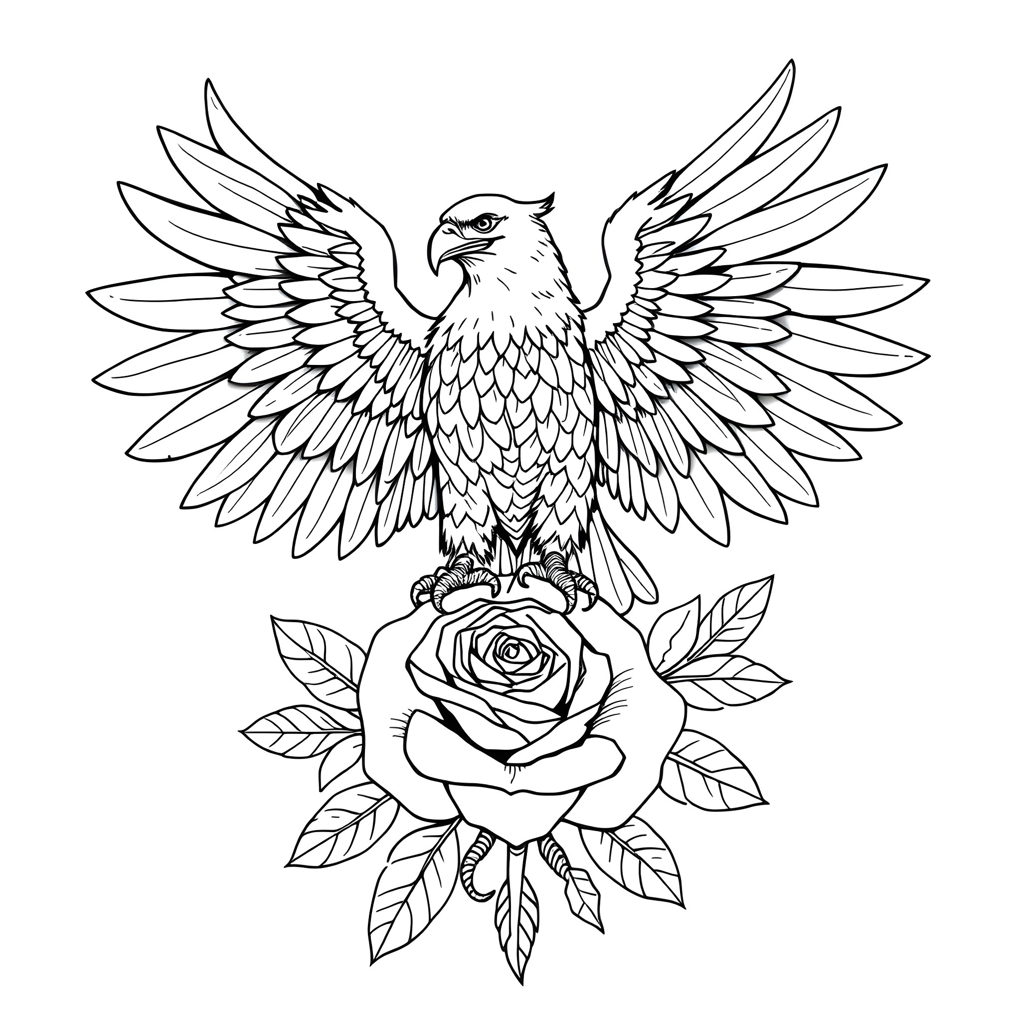 Eagle soaring majestically with rose and leaves Coloring Page (free black-and-white line drawing printable PDF for all, from beginners to advanced learners, including children, teens, adults, and seniors)