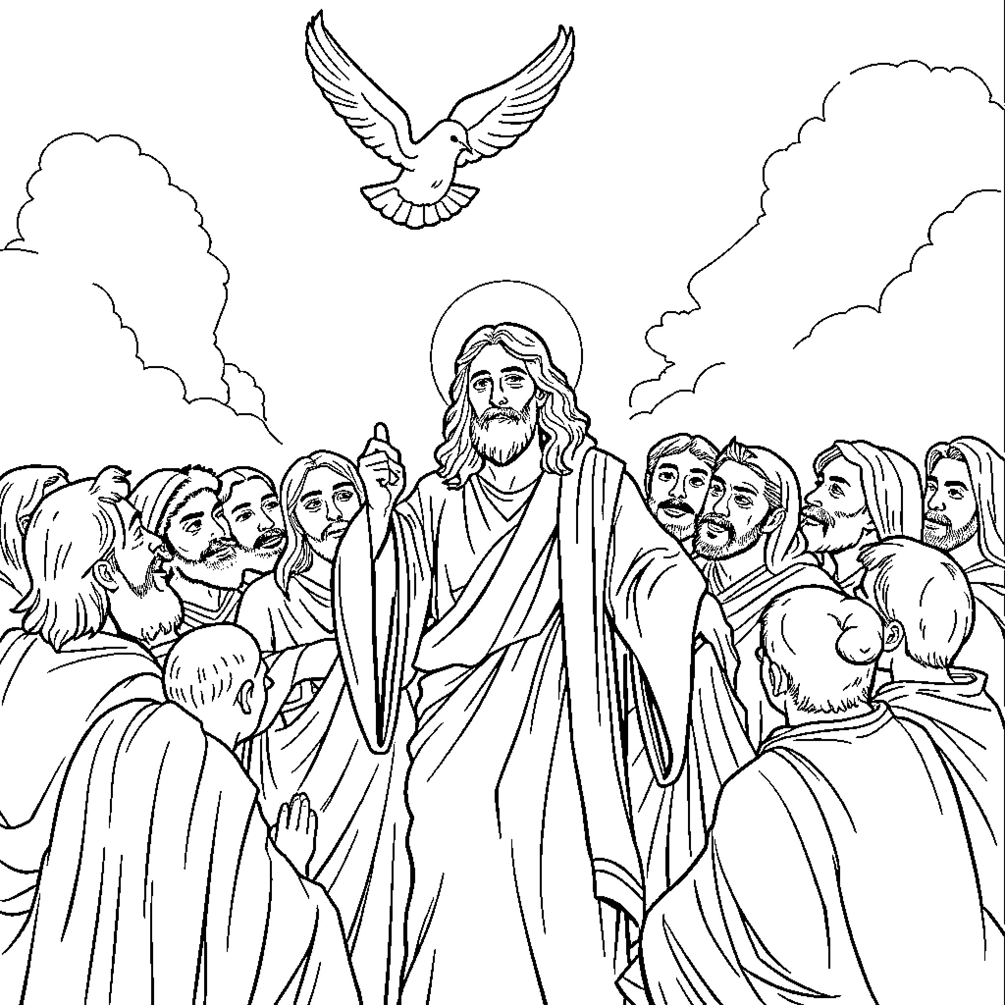 Jesus teaching and blessing his followers Coloring Page (free black-and-white line drawing printable PDF for all, from beginners to advanced learners, including children, teens, adults, and seniors)