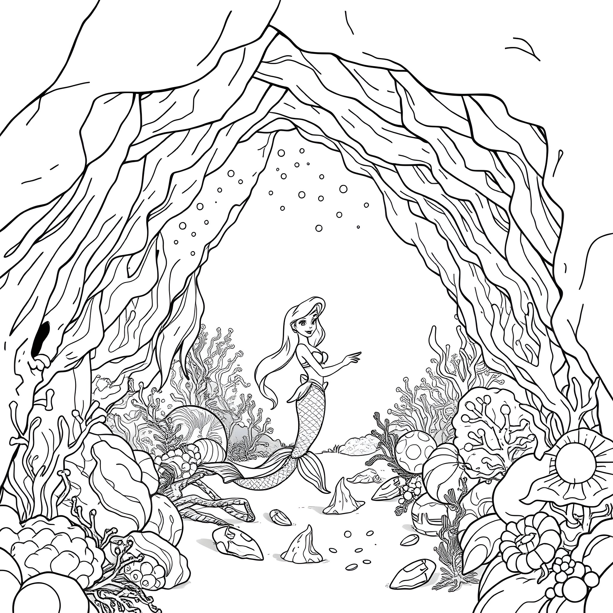 Ariel exploring the colorful underwater world Coloring Page (free black-and-white line drawing printable PDF for all, from beginners to advanced learners, including children, teens, adults, and seniors)