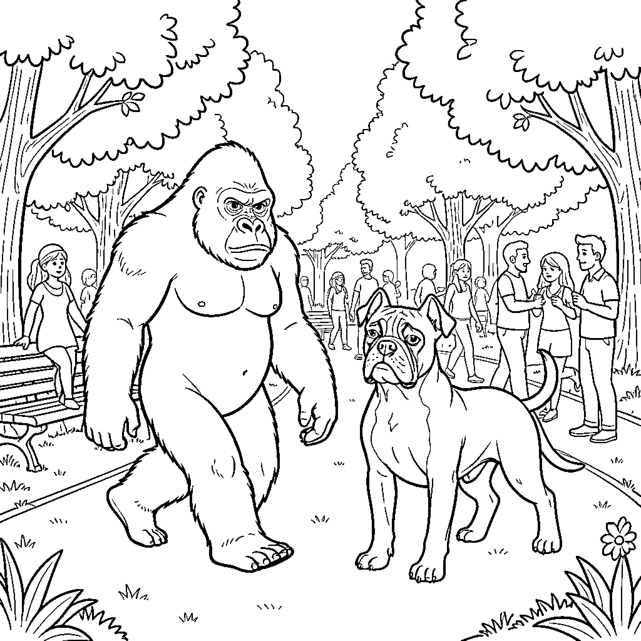 Gorilla walking through a park alongside a dog Coloring Page (free black-and-white line drawing printable PDF for all, from beginners to advanced learners, including children, teens, adults, and seniors)