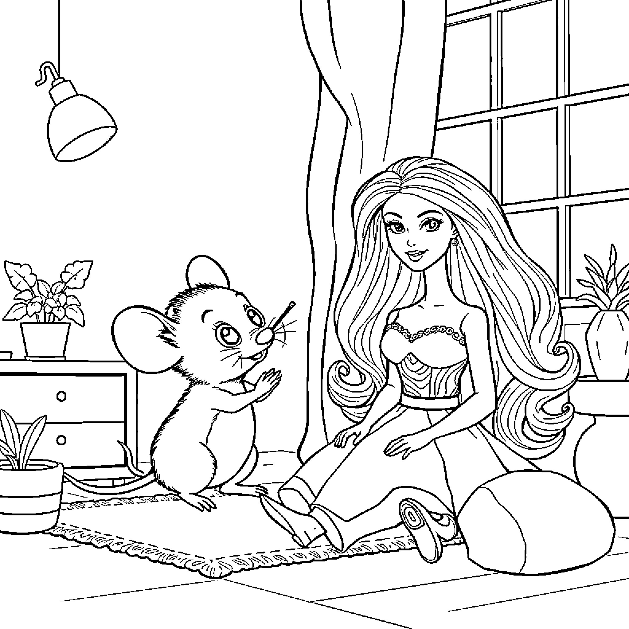 Minnie Mouse having fun with cute mouse friend Coloring Page (free black-and-white line drawing printable PDF for all, from beginners to advanced learners, including children, teens, adults, and seniors)