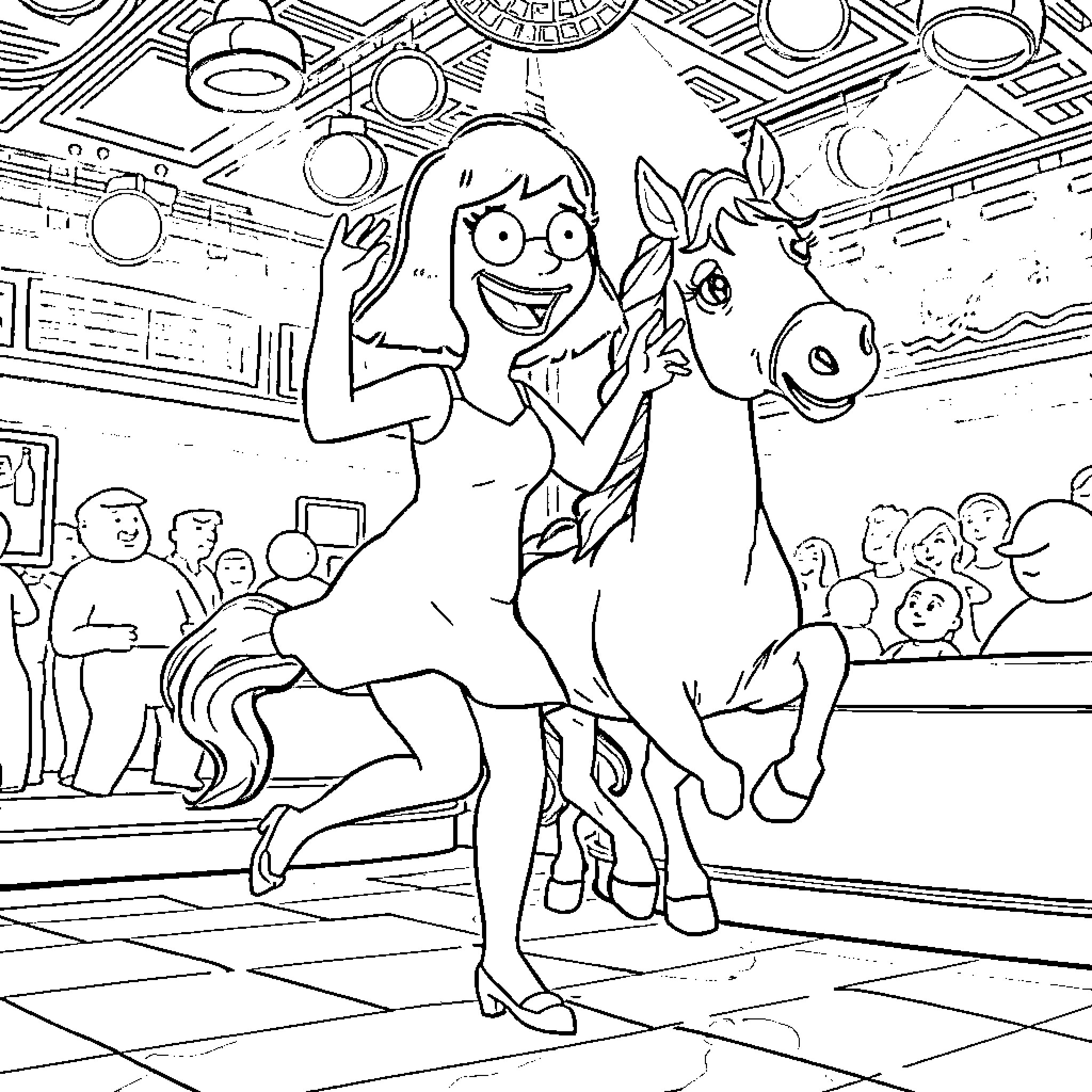 Tina's Exciting Carnival Ride with Beloved Companion Coloring Page (free black-and-white line drawing printable PDF for all, from beginners to advanced learners, including children, teens, adults, and seniors)