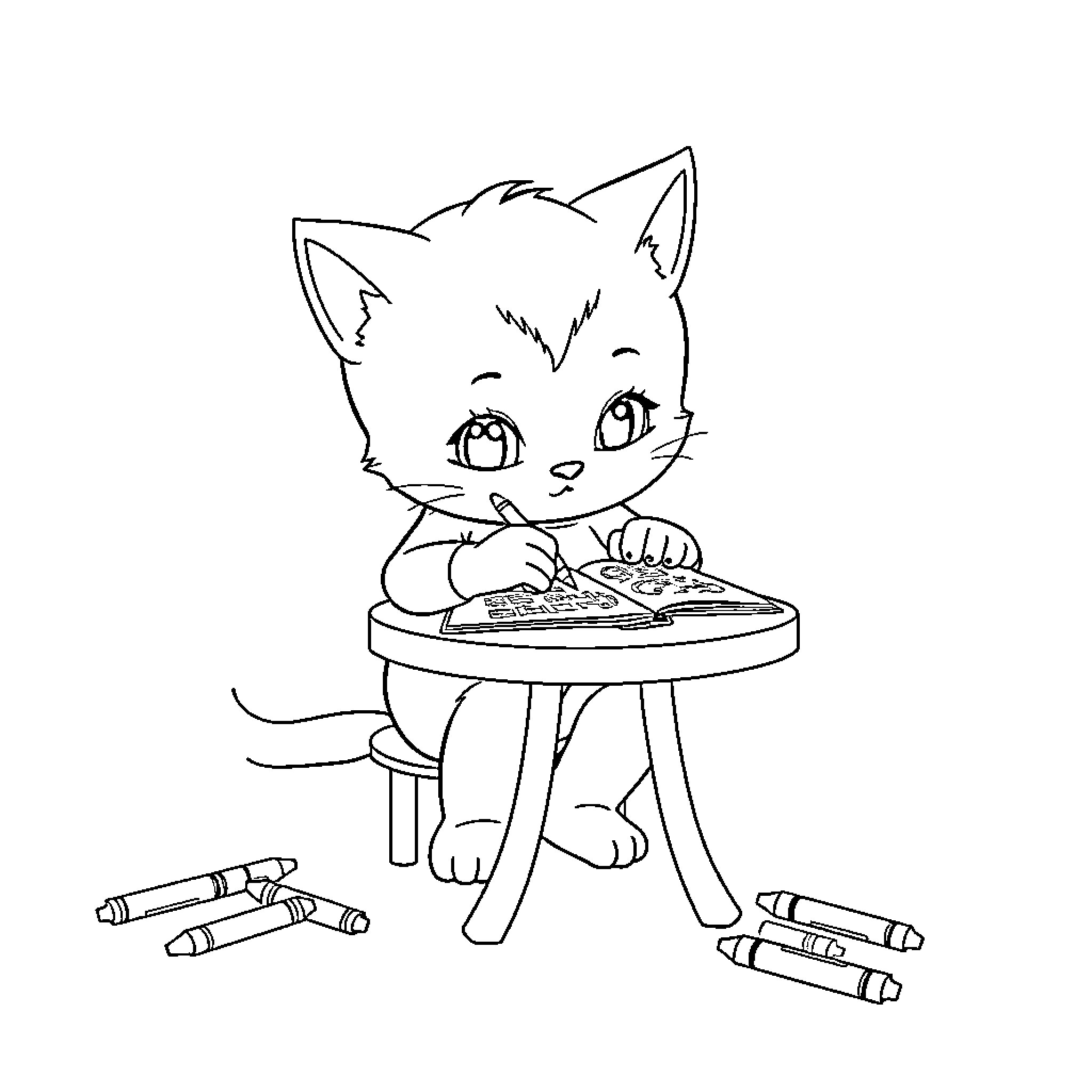Cat Boy Coloring Happily on Paper Coloring Page (free black-and-white line drawing printable PDF for all, from beginners to advanced learners, including children, teens, adults, and seniors)