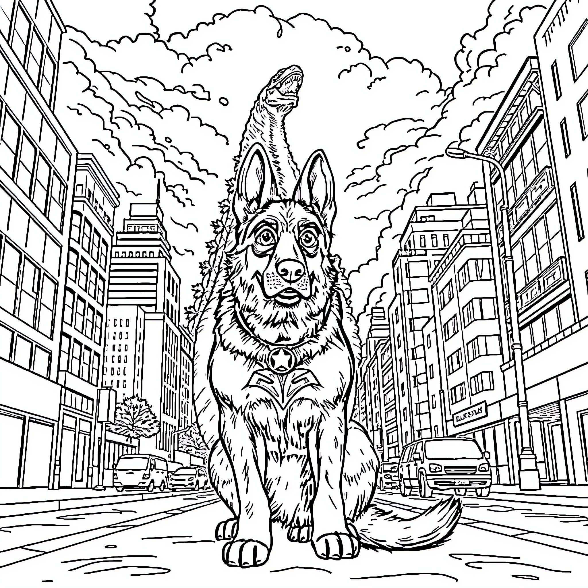 German Shepherd protecting city streets Coloring Page (free black-and-white line drawing printable PDF for all, from beginners to advanced learners, including children, teens, adults, and seniors)