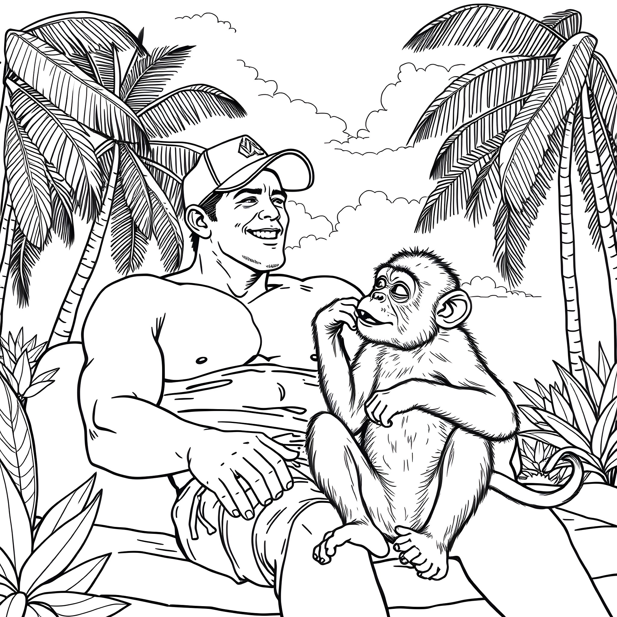 John Cena chilling with a curious monkey in the tropical paradise Coloring Page (free black-and-white line drawing printable PDF for all, from beginners to advanced learners, including children, teens, adults, and seniors)