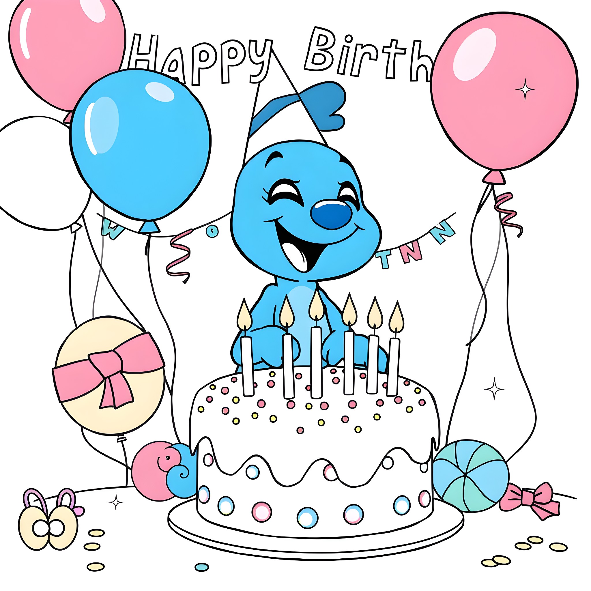 Bluey celebrates a cheerful birthday with balloons and cake Coloring Page (free black-and-white line drawing printable PDF for all, from beginners to advanced learners, including children, teens, adults, and seniors)