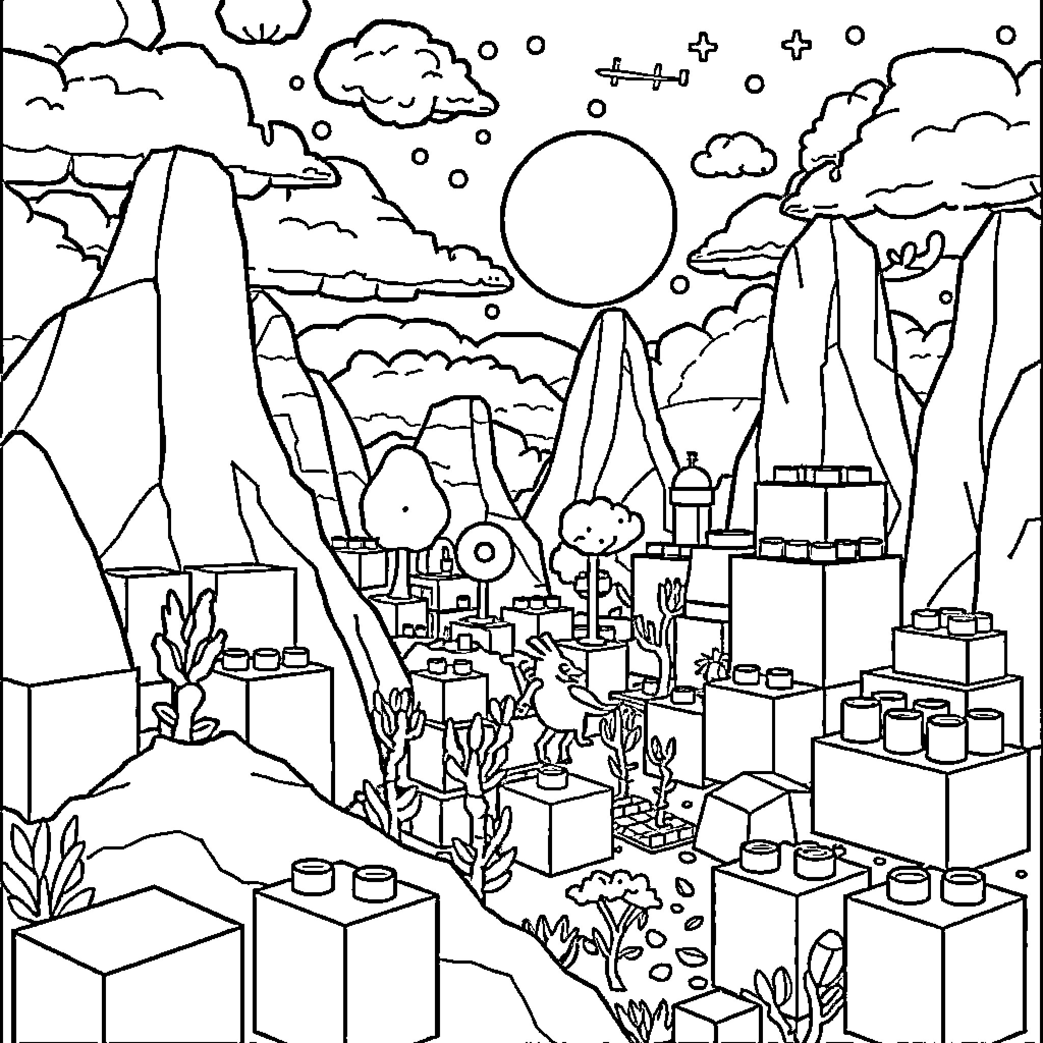 Minecraft Landscape with Mountains, Clouds, and Buildings Coloring Page (free black-and-white line drawing printable PDF for all, from beginners to advanced learners, including children, teens, adults, and seniors)