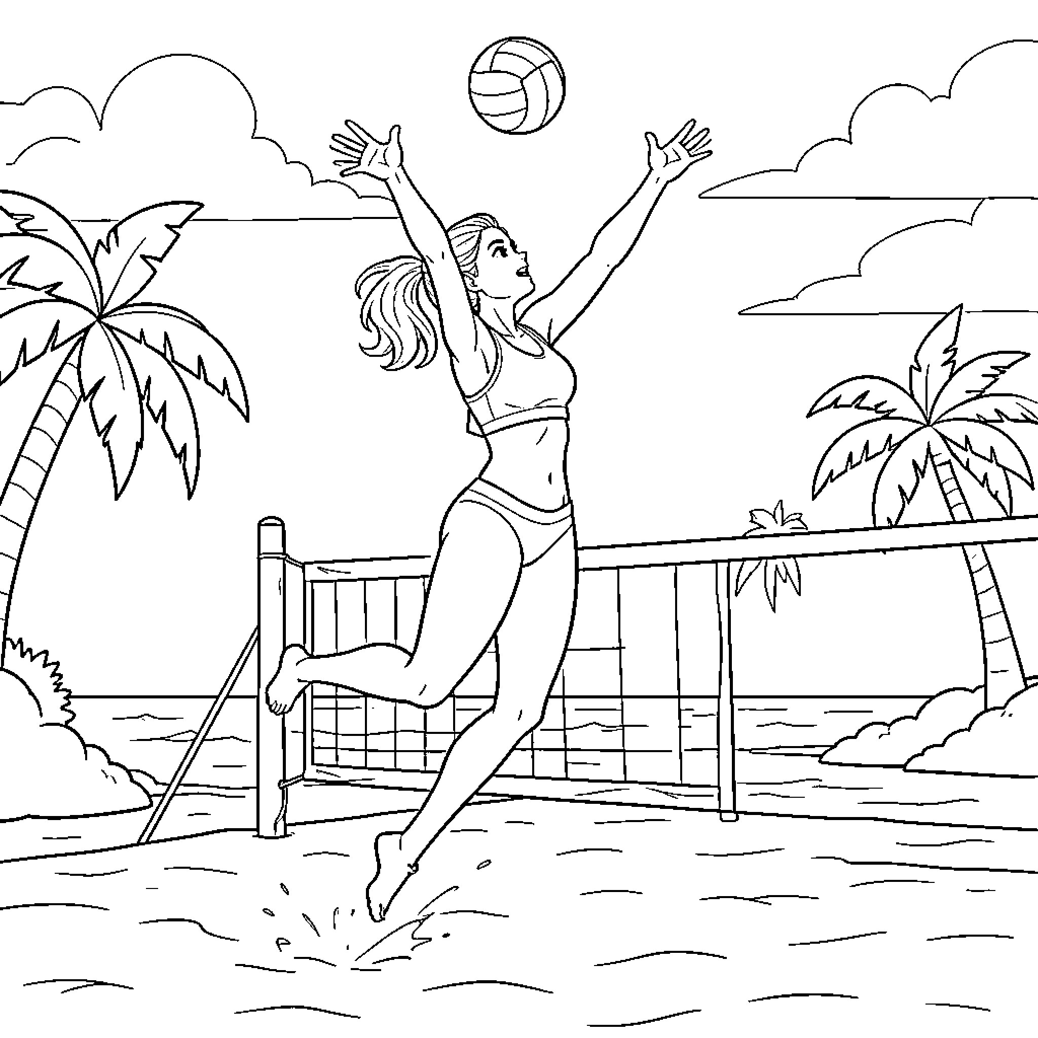 Anime Volleyball Player jumping to hit the ball Coloring Page (free black-and-white line drawing printable PDF for all, from beginners to advanced learners, including children, teens, adults, and seniors)