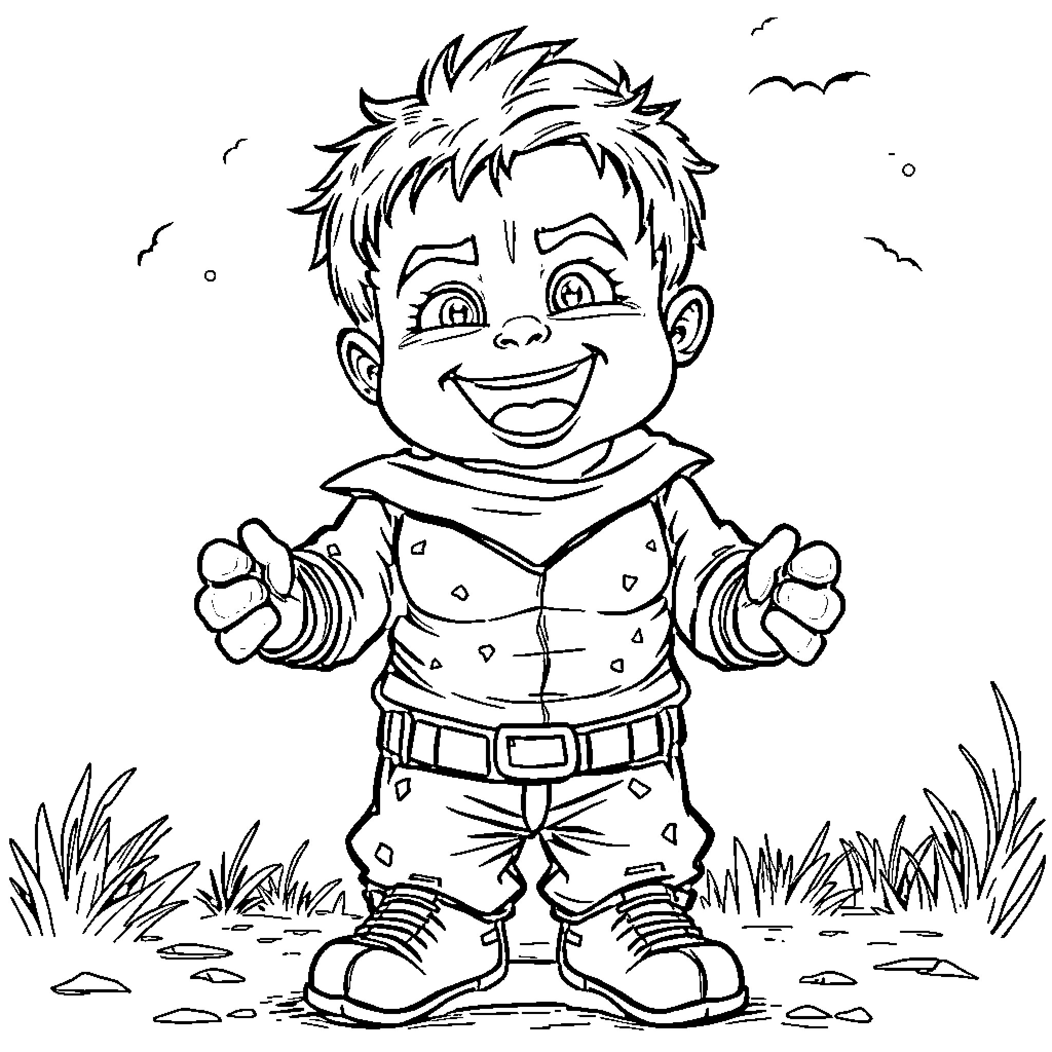 Hulk Smiling Joyfully in Nature Coloring Page (free black-and-white line drawing printable PDF for all, from beginners to advanced learners, including children, teens, adults, and seniors)