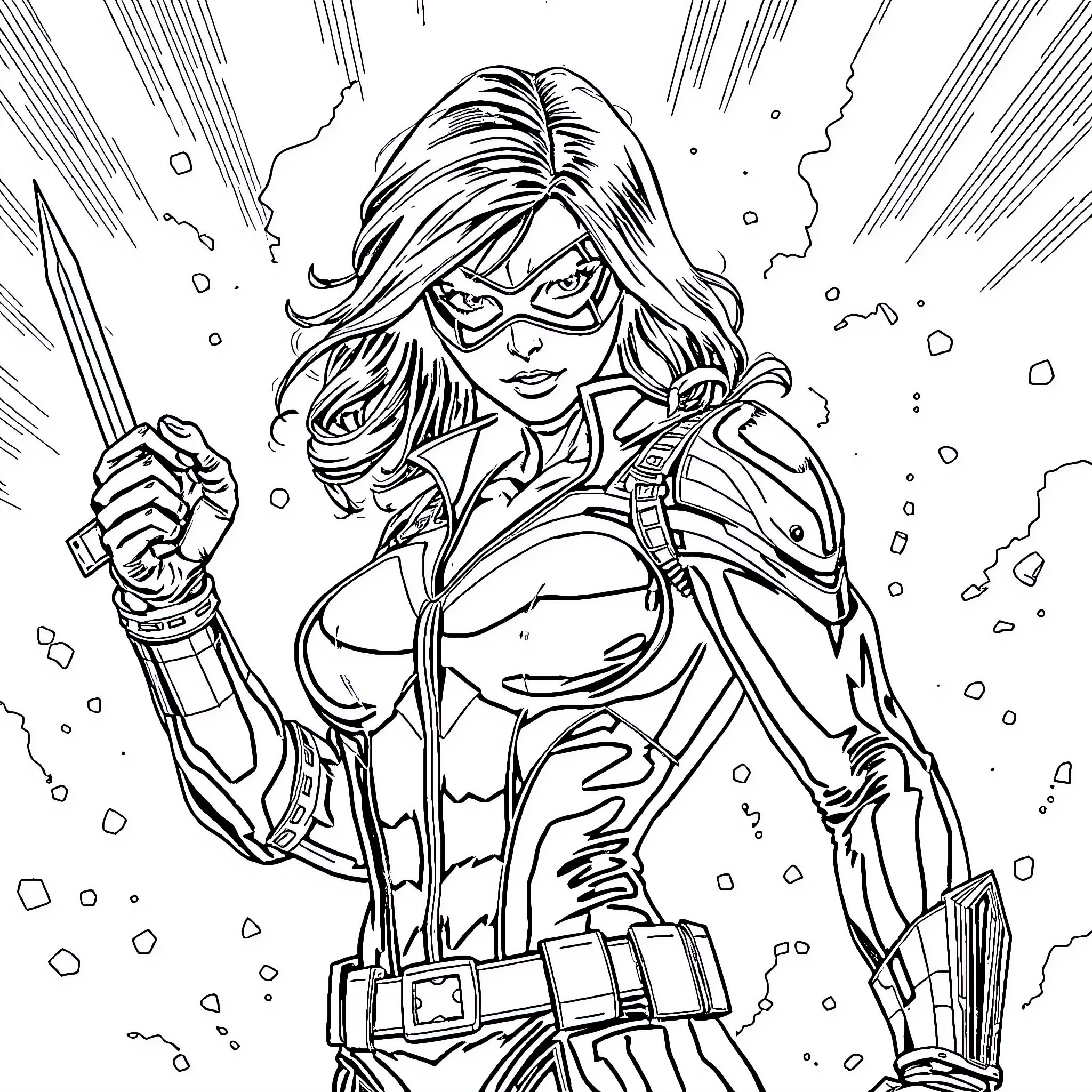 Black Widow in Action Amid Explosive Backdrop Coloring Page (free black-and-white line drawing printable PDF for all, from beginners to advanced learners, including children, teens, adults, and seniors)