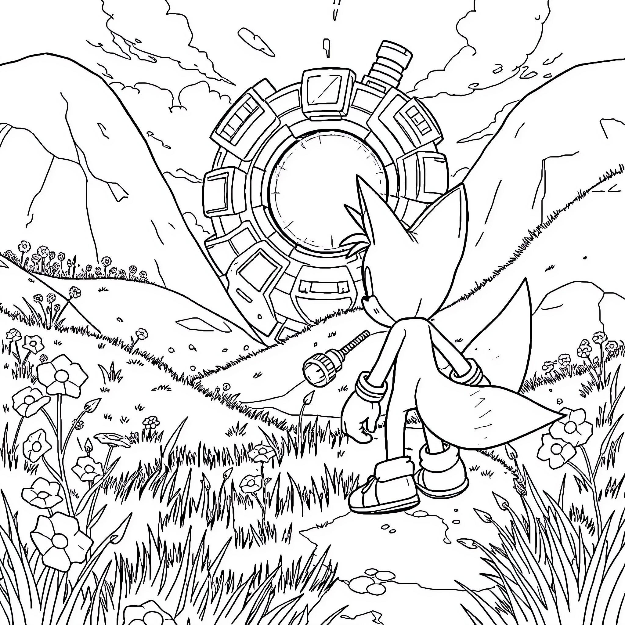 Tails exploring a futuristic landscape Coloring Page (free black-and-white line drawing printable PDF for all, from beginners to advanced learners, including children, teens, adults, and seniors)