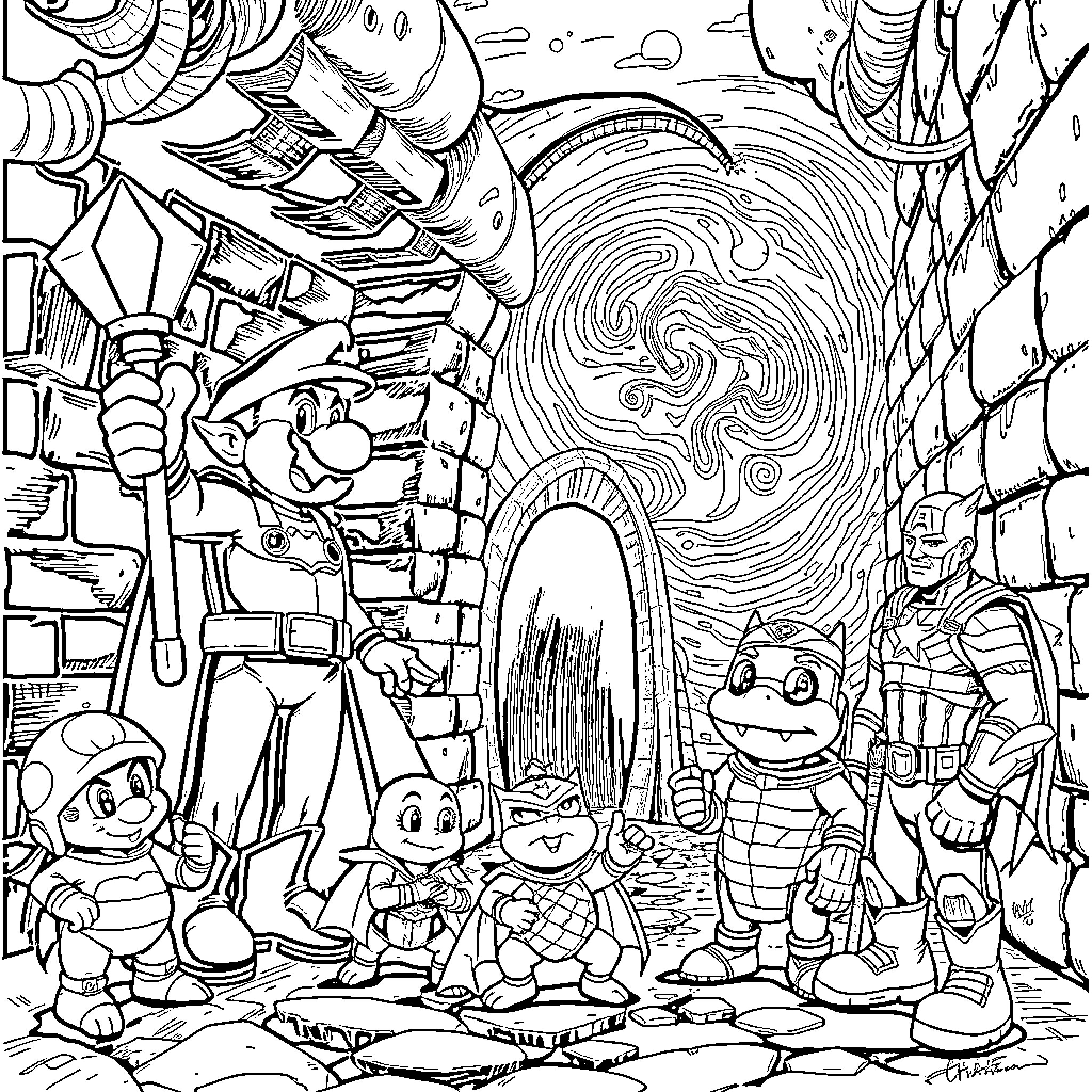 Loki's Chaotic Journey Through the Fantastical World Coloring Page (free black-and-white line drawing printable PDF for all, from beginners to advanced learners, including children, teens, adults, and seniors)