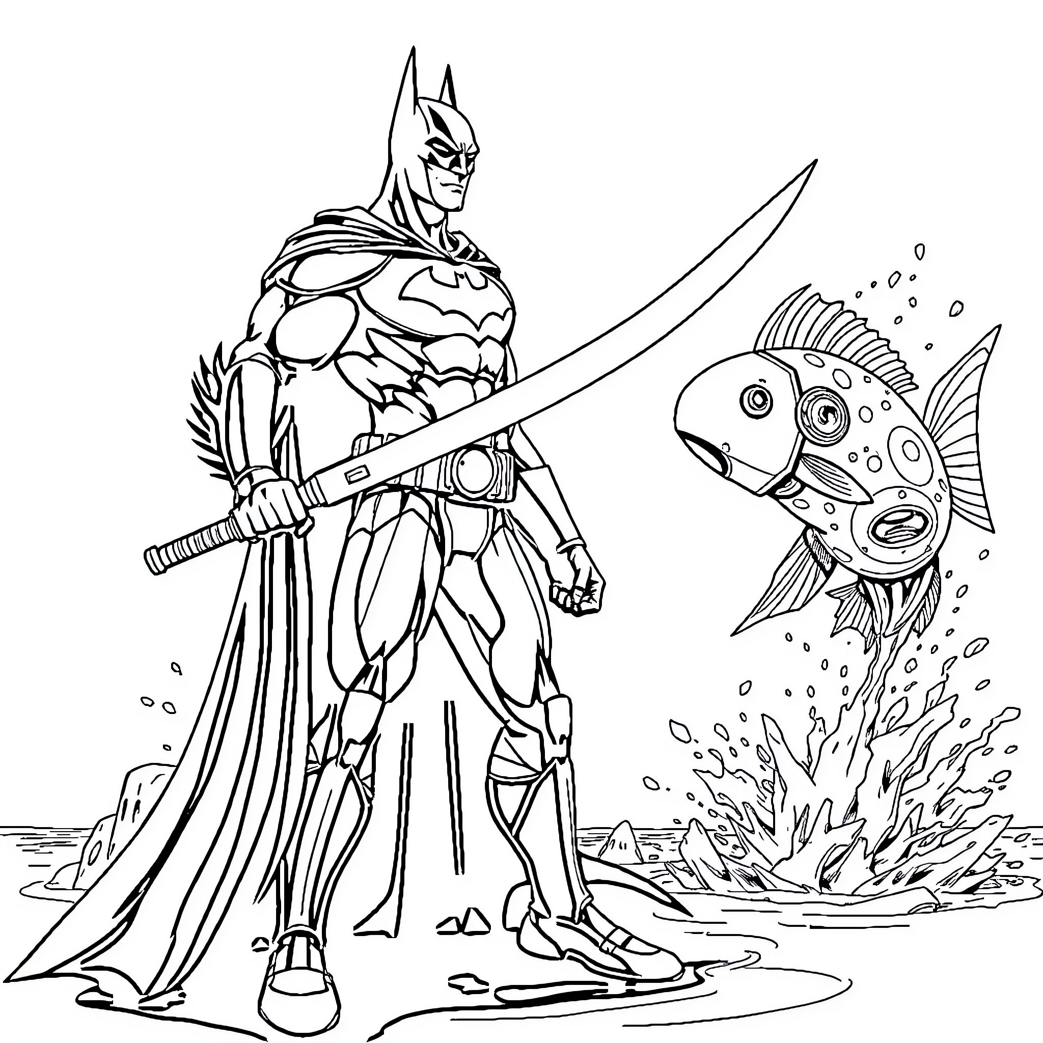 Batman Fighting Underwater Creature with Sword Coloring Page (free black-and-white line drawing printable PDF for all, from beginners to advanced learners, including children, teens, adults, and seniors)