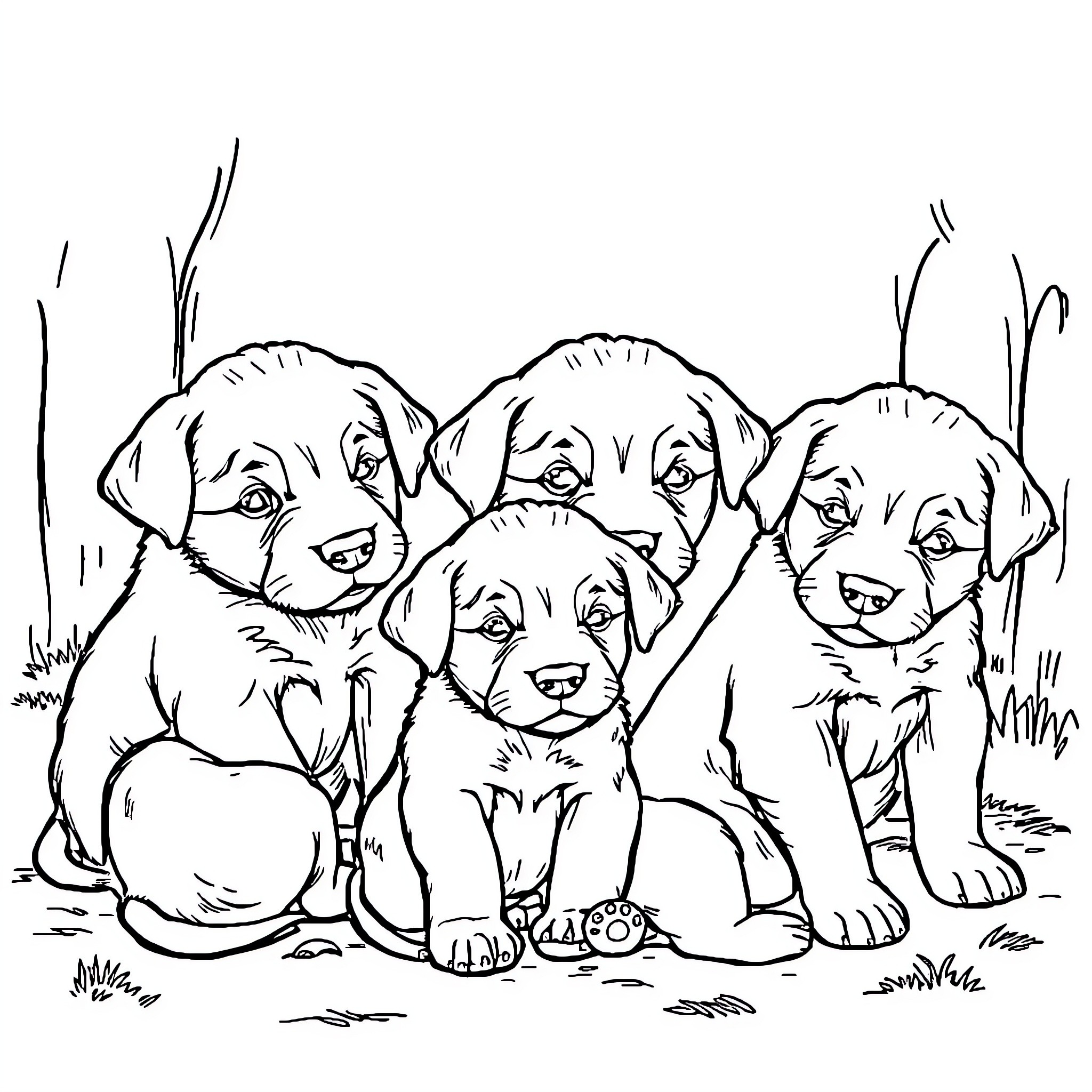 Dog Puppies Sitting Together Outdoors Coloring Page (free black-and-white line drawing printable PDF for all, from beginners to advanced learners, including children, teens, adults, and seniors)