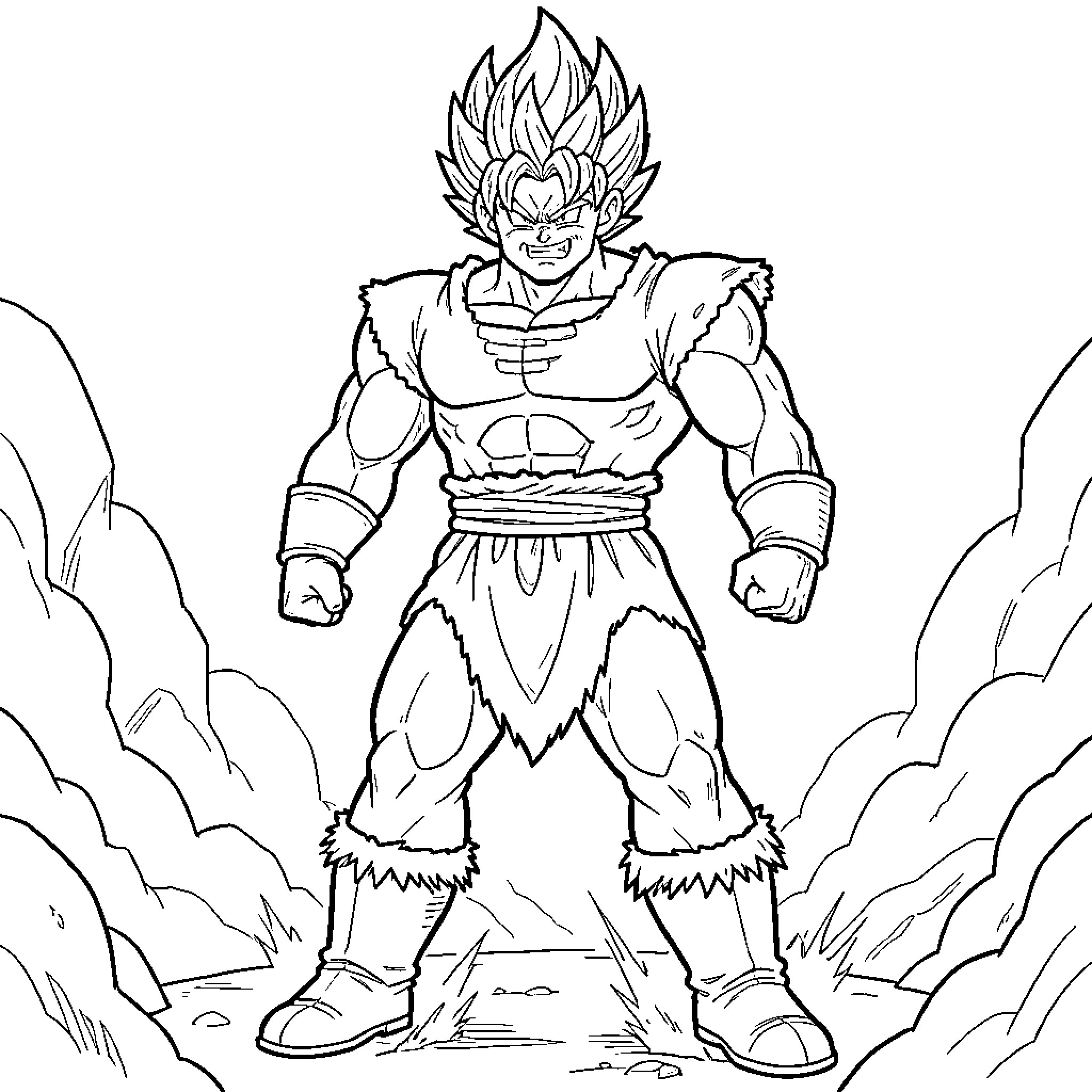 Broly standing powerfully in a rocky landscape Coloring Page (free black-and-white line drawing printable PDF for all, from beginners to advanced learners, including children, teens, adults, and seniors)