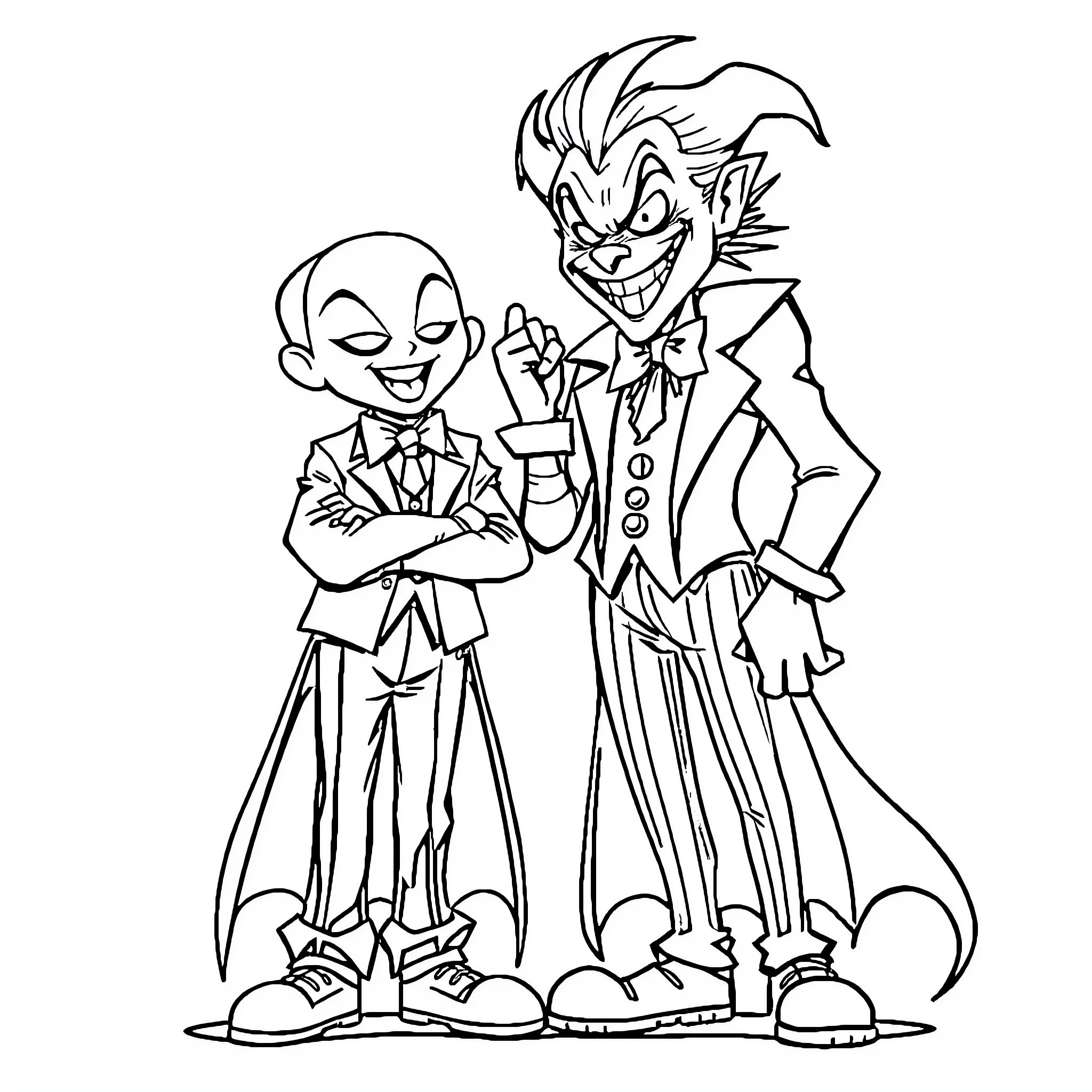 Curomi's Mischievous Duo: Comical Characters in Suits Coloring Page (free black-and-white line drawing printable PDF for all, from beginners to advanced learners, including children, teens, adults, and seniors)