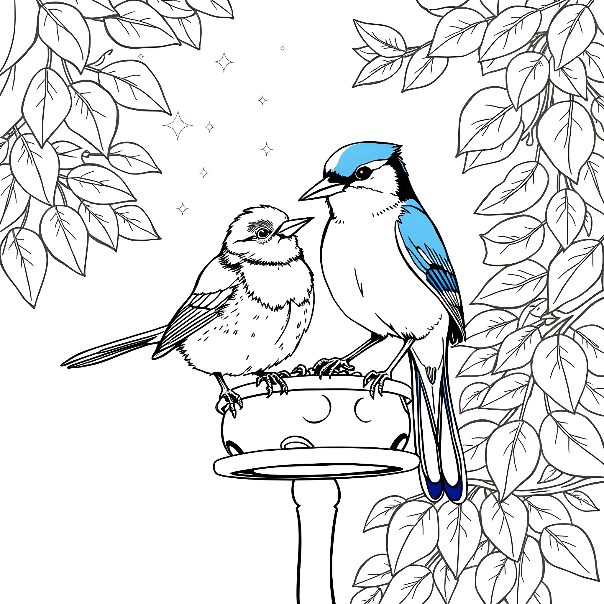Birds perched on a feeder in the leafy garden Coloring Page (free black-and-white line drawing printable PDF for all, from beginners to advanced learners, including children, teens, adults, and seniors)