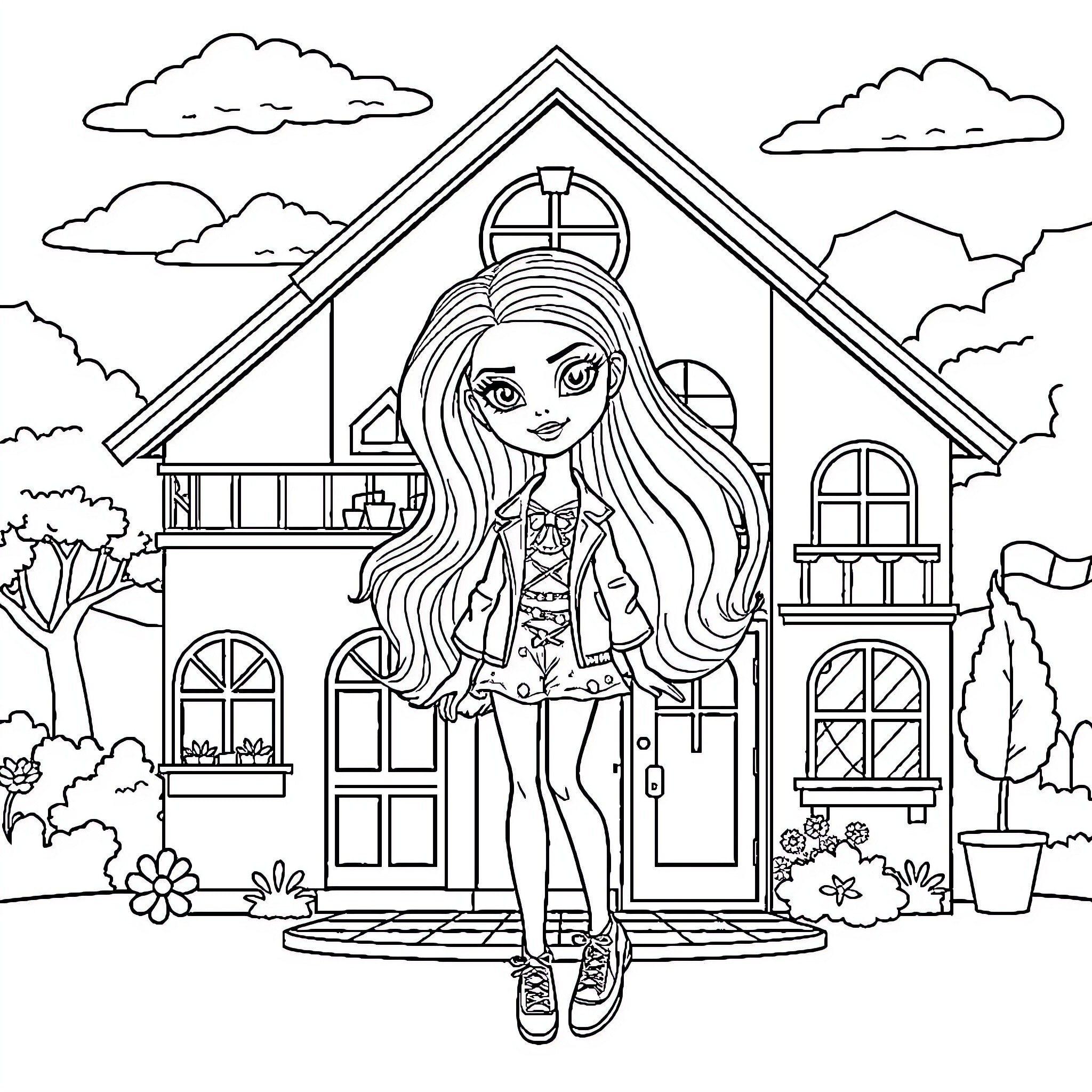 Barbi's Playful House Adventure Coloring Page (free black-and-white line drawing printable PDF for all, from beginners to advanced learners, including children, teens, adults, and seniors)