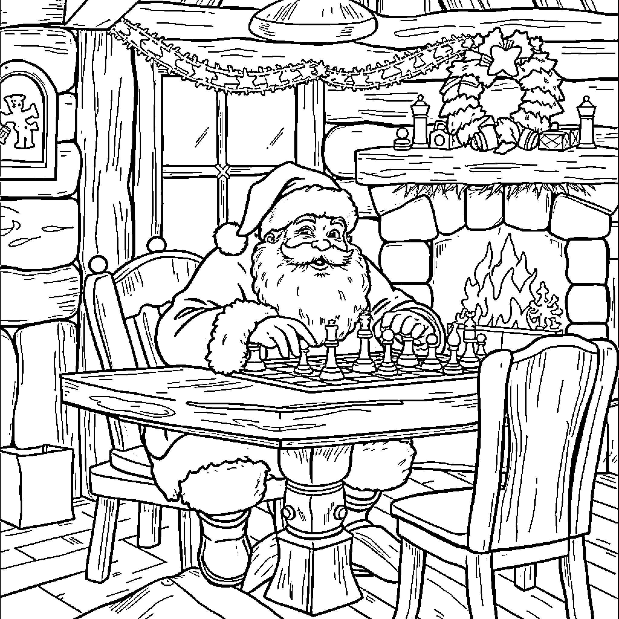 Santa playing chess by the fireplace Coloring Page (free black-and-white line drawing printable PDF for all, from beginners to advanced learners, including children, teens, adults, and seniors)