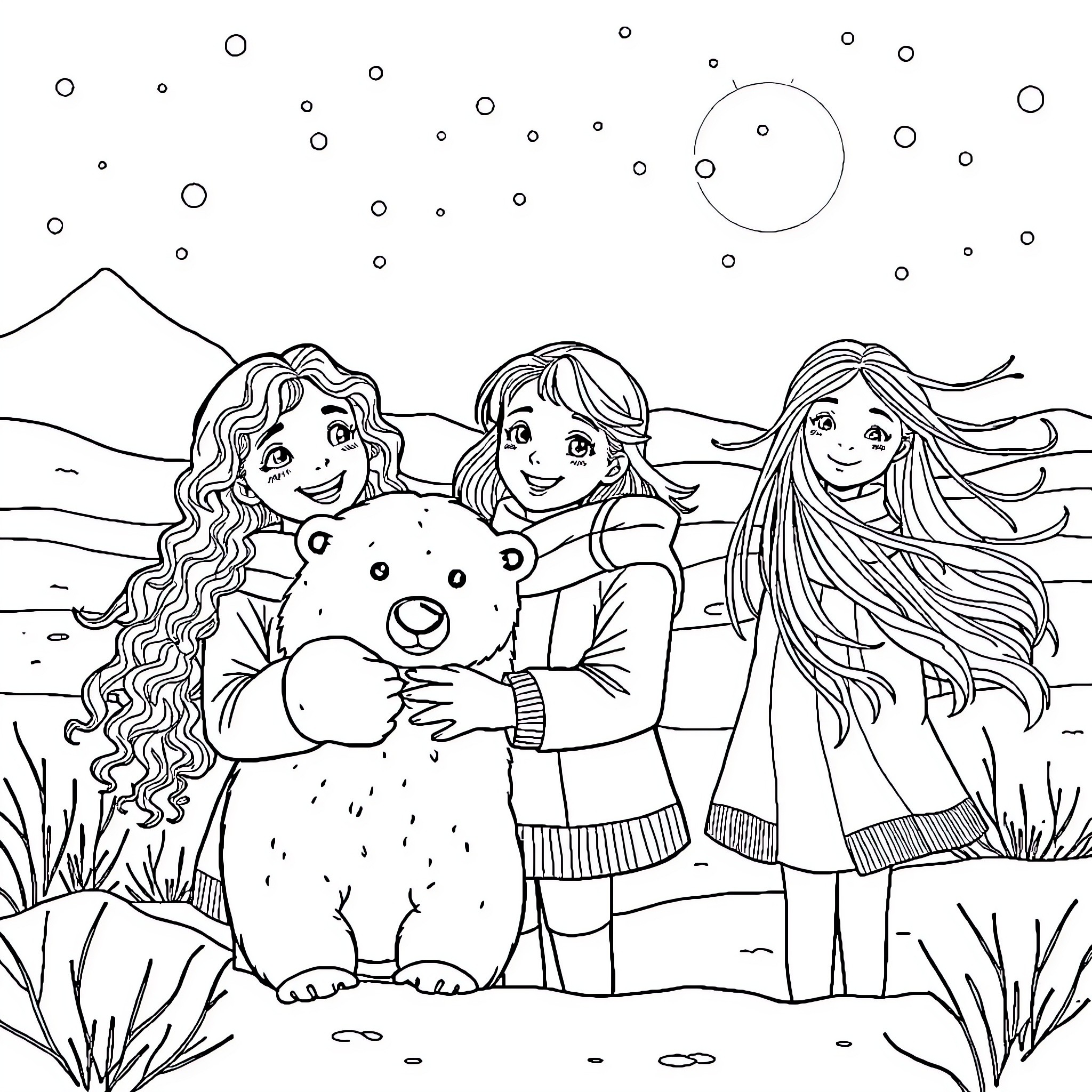 Girls playing with a plush bear in the countryside Coloring Page (free black-and-white line drawing printable PDF for all, from beginners to advanced learners, including children, teens, adults, and seniors)