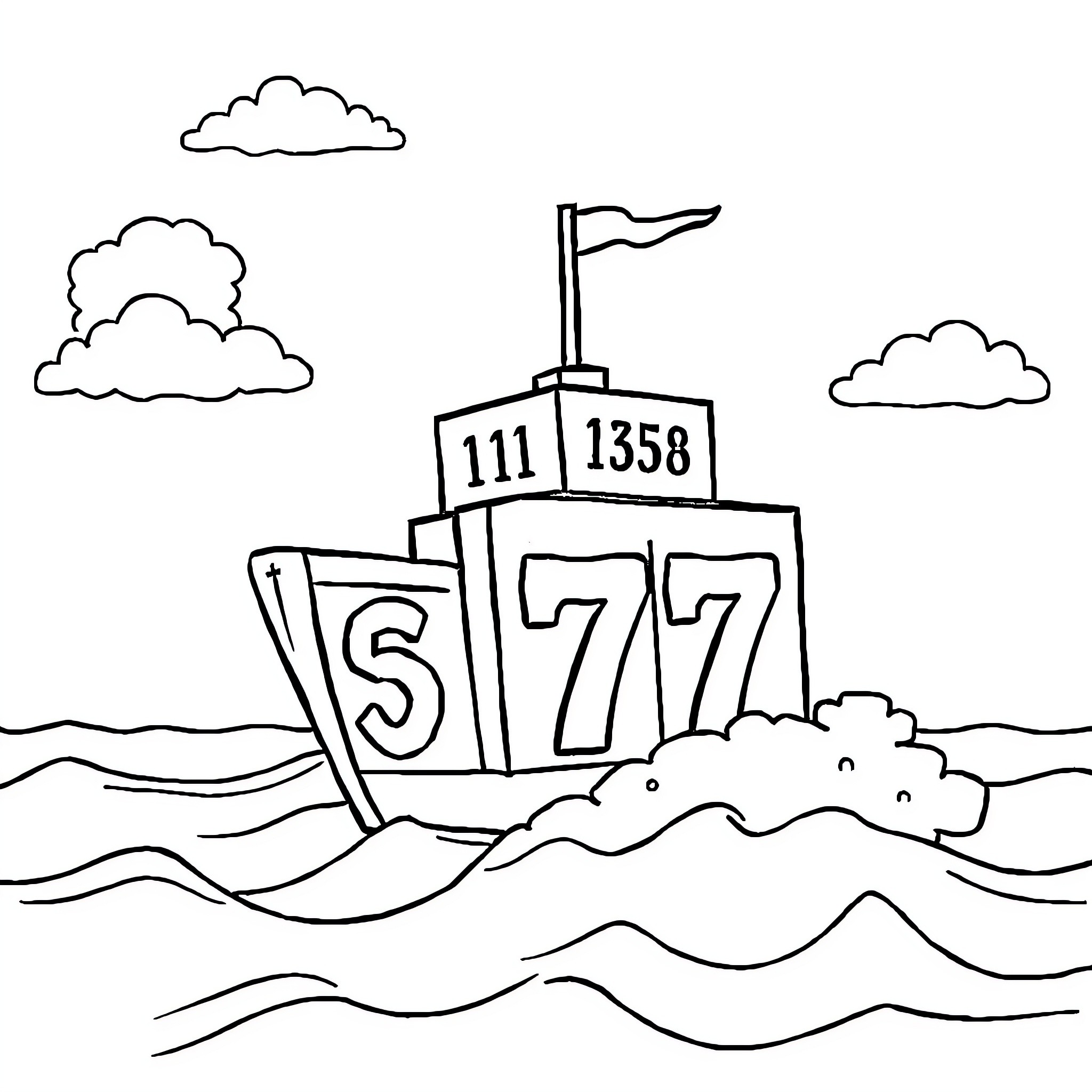 Numberblock Ship Sailing on the Ocean Coloring Page (free black-and-white line drawing printable PDF for all, from beginners to advanced learners, including children, teens, adults, and seniors)