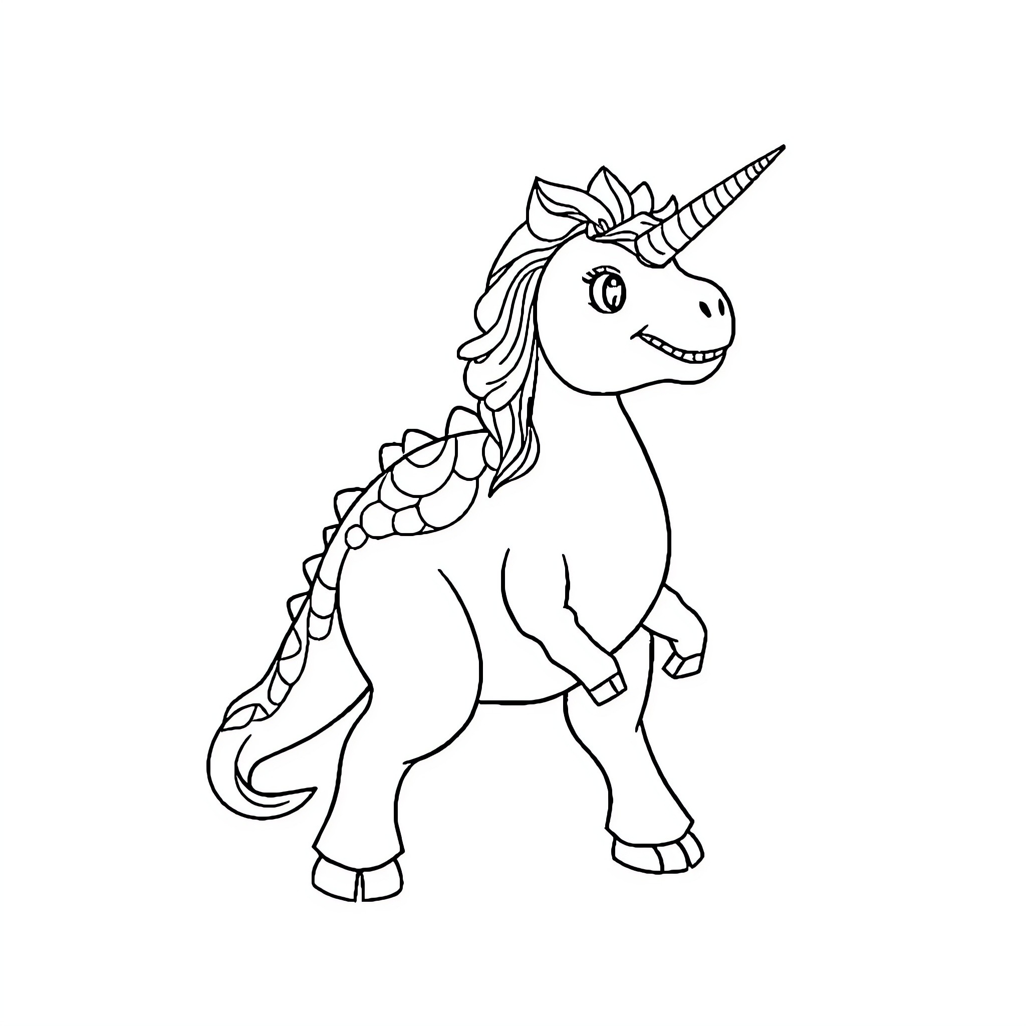 Dinosaur unicorn with a happy expression Coloring Page (free black-and-white line drawing printable PDF for all, from beginners to advanced learners, including children, teens, adults, and seniors)