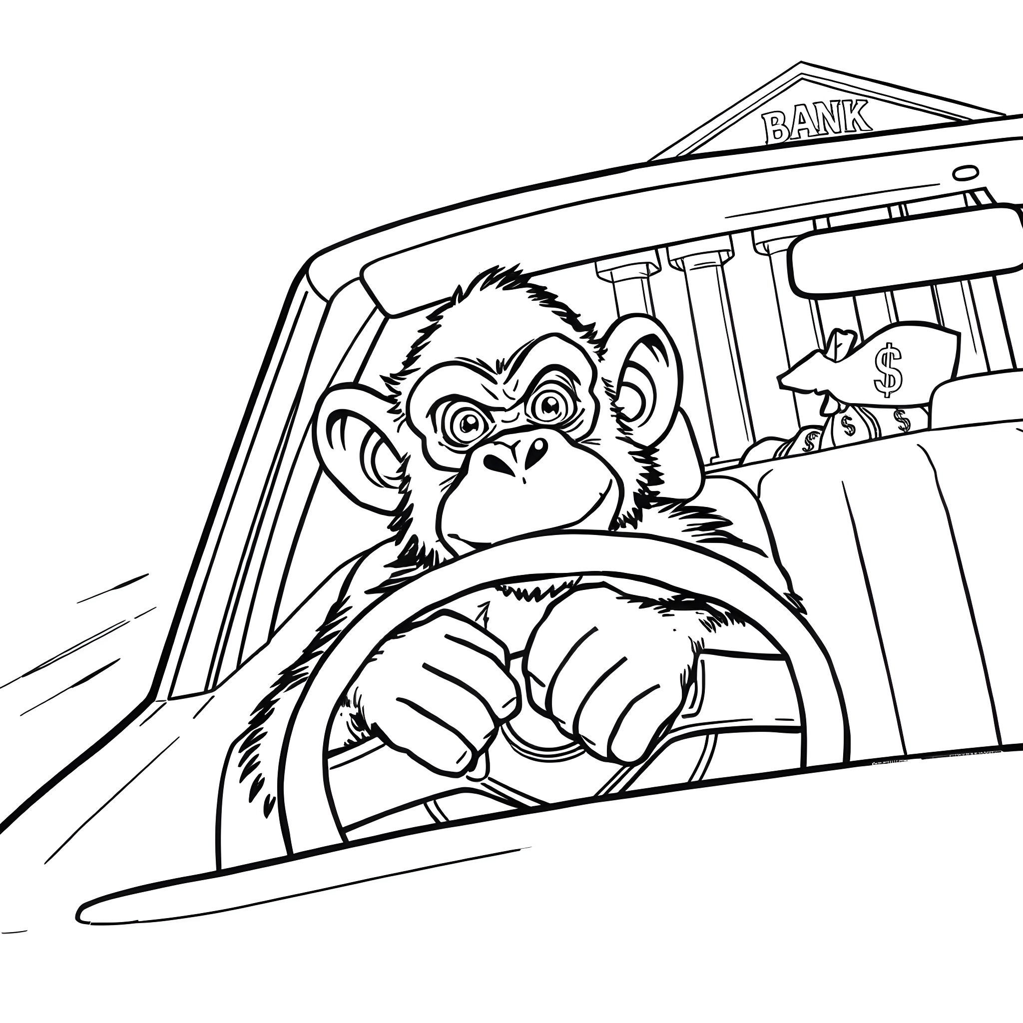 Monkey driving a getaway car from the bank Coloring Page (free black-and-white line drawing printable PDF for all, from beginners to advanced learners, including children, teens, adults, and seniors)