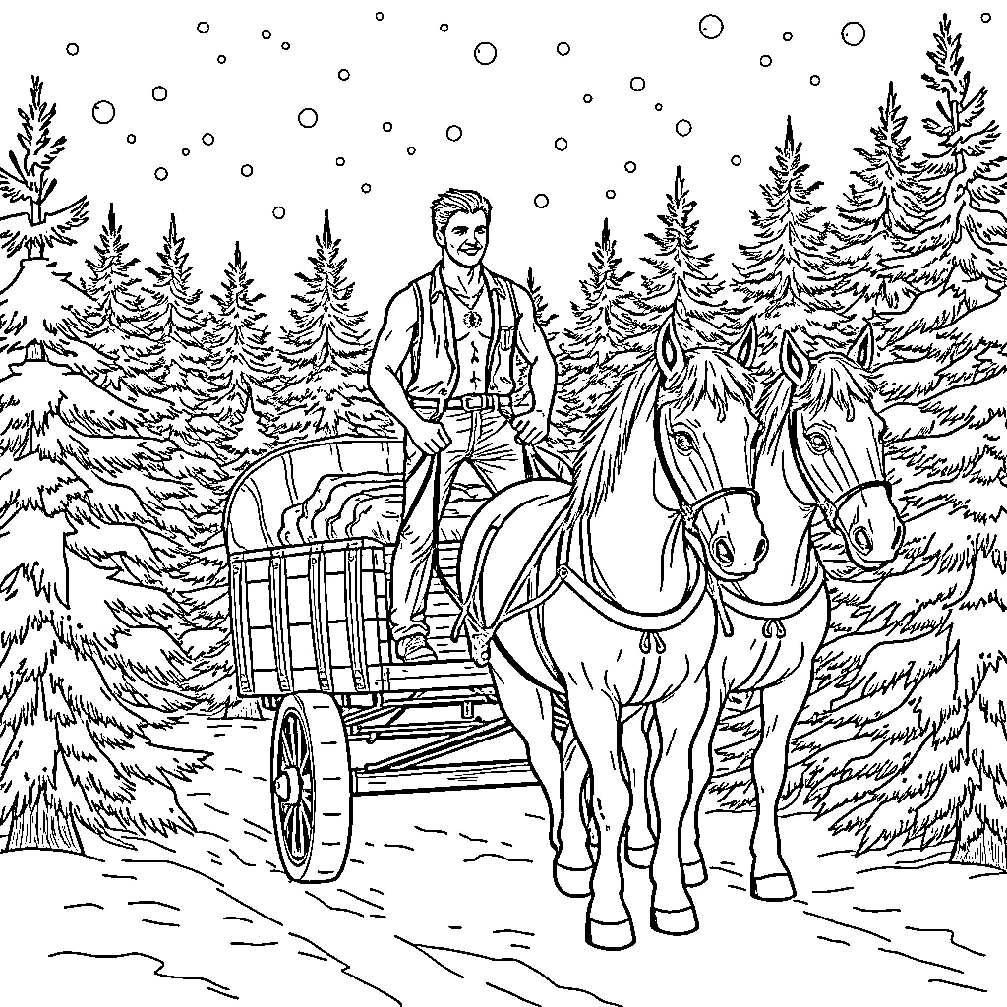 Man riding horse-drawn sleigh through snowy forest Coloring Page (free black-and-white line drawing printable PDF for all, from beginners to advanced learners, including children, teens, adults, and seniors)