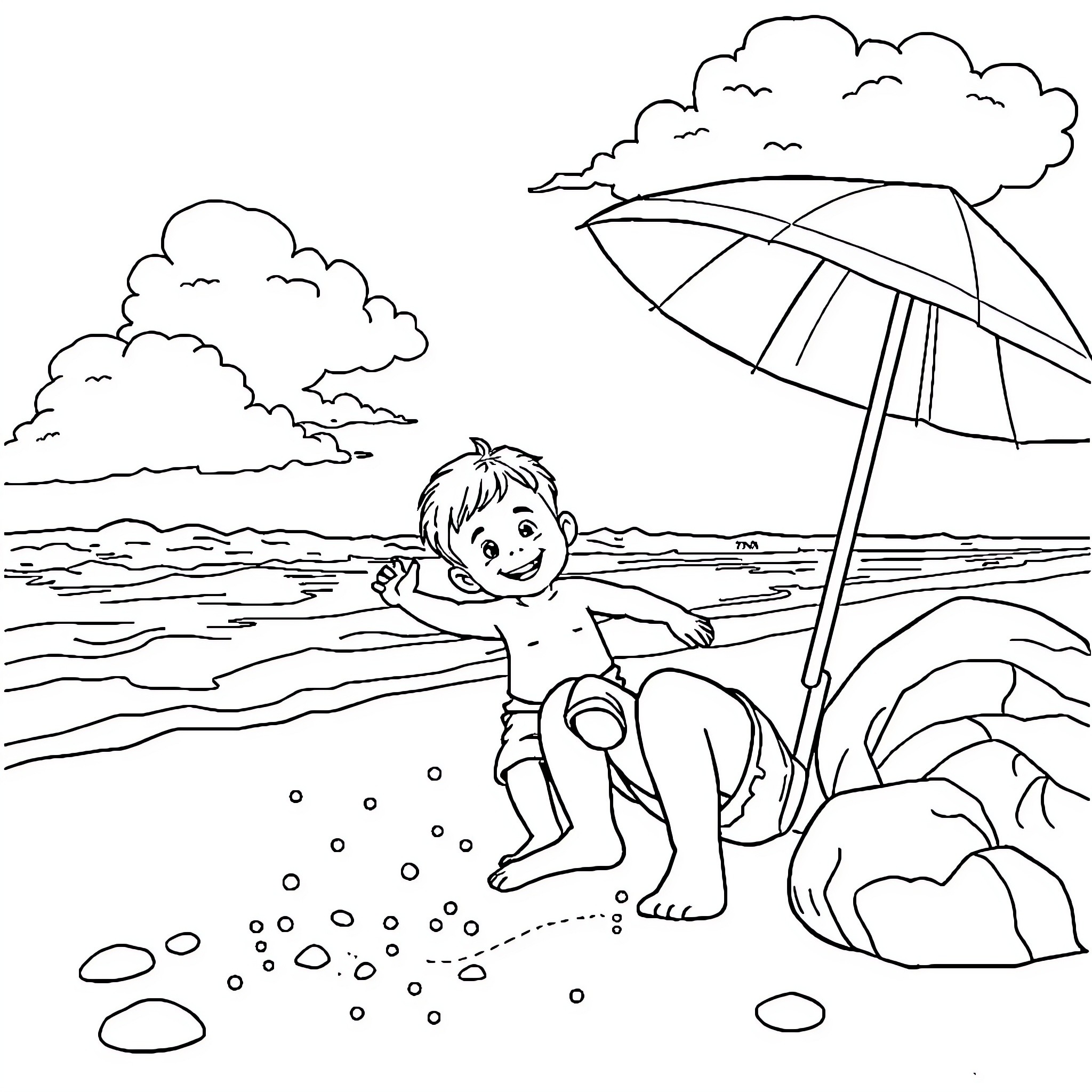 Child playing at the beach on a sunny day Coloring Page (free black-and-white line drawing printable PDF for all, from beginners to advanced learners, including children, teens, adults, and seniors)