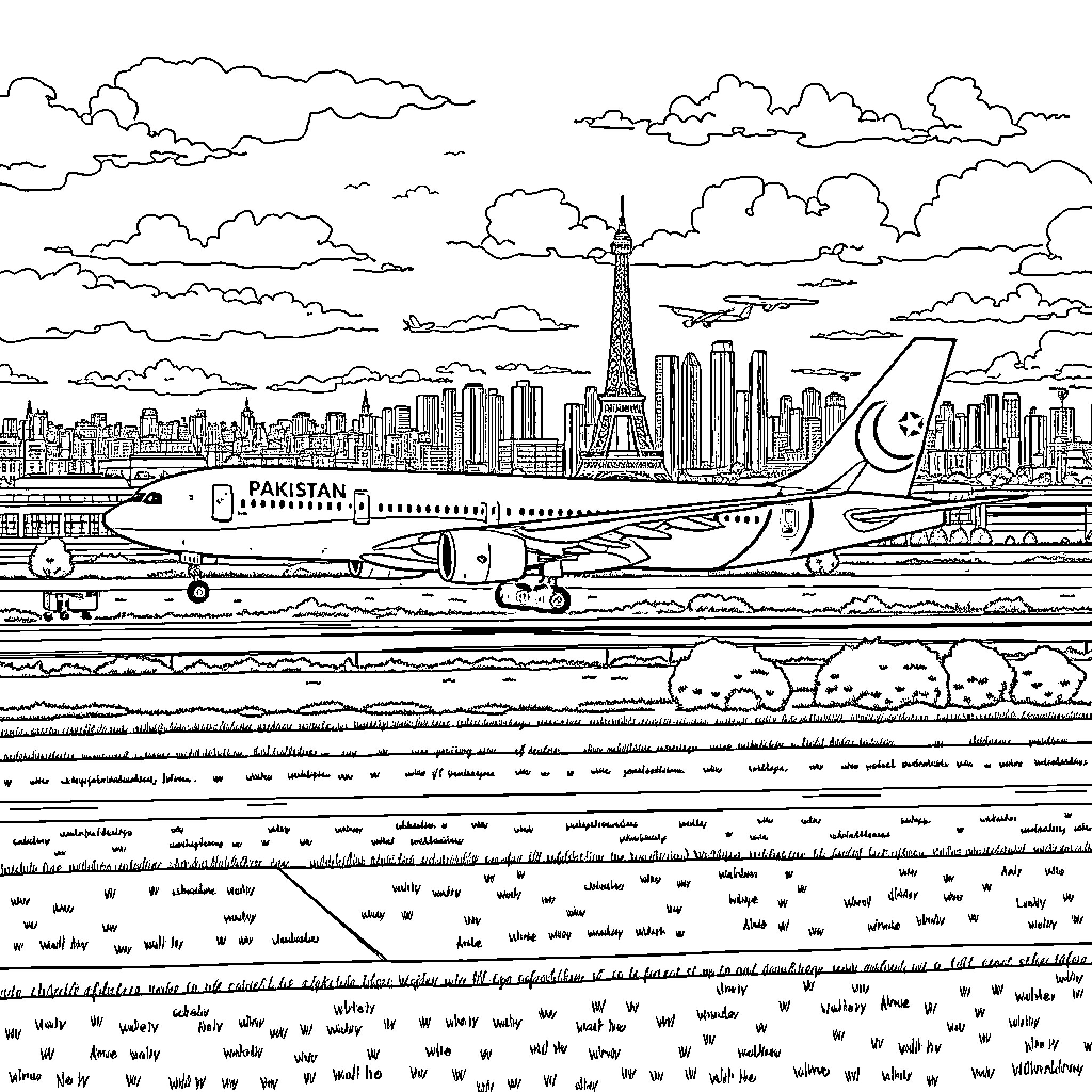 Airplane flying over bustling cityscape Coloring Page (free black-and-white line drawing printable PDF for all, from beginners to advanced learners, including children, teens, adults, and seniors)