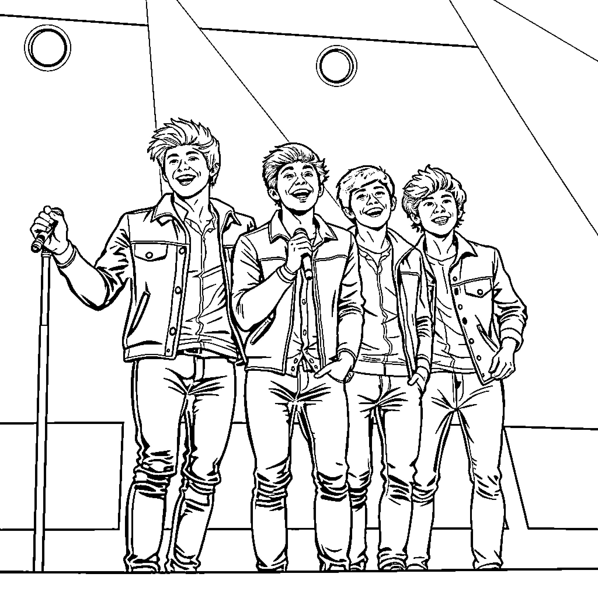 One Direction Standing Together on Stage Coloring Page (free black-and-white line drawing printable PDF for all, from beginners to advanced learners, including children, teens, adults, and seniors)