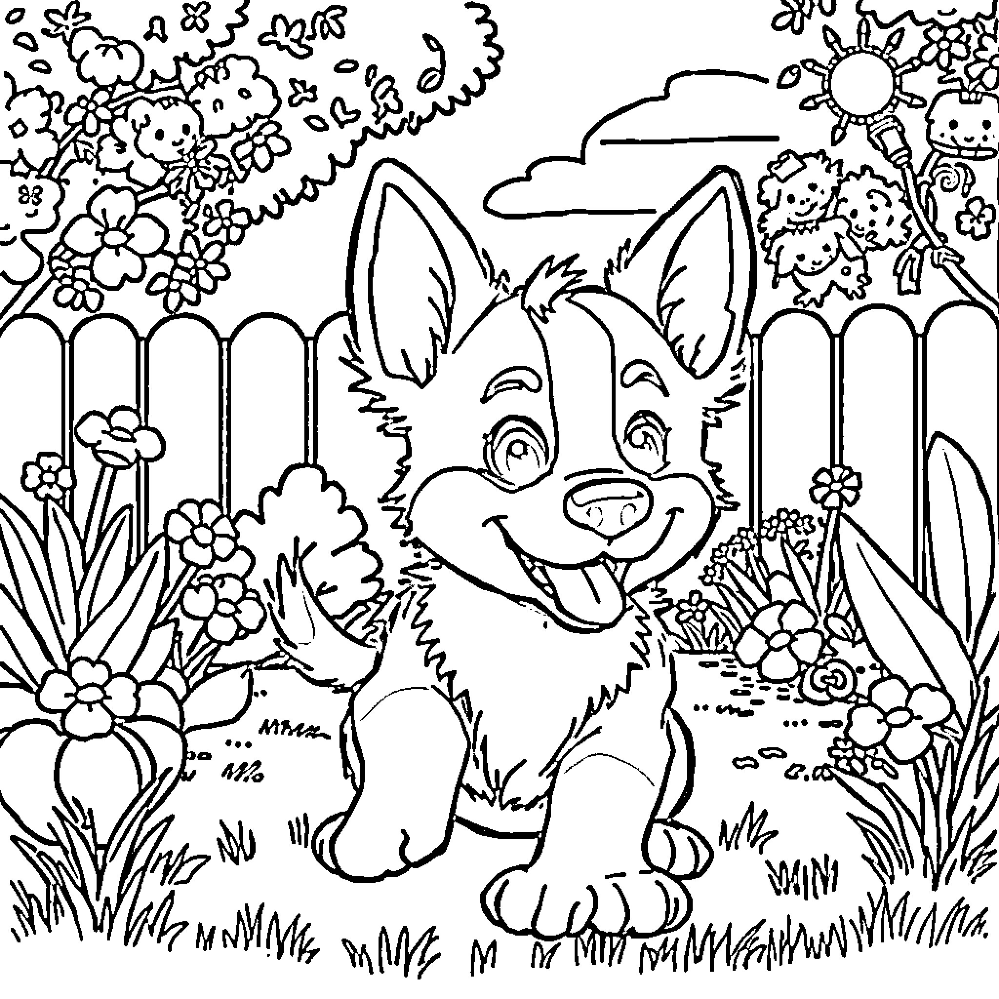 Bluey enjoying a day in the garden Coloring Page (free black-and-white line drawing printable PDF for all, from beginners to advanced learners, including children, teens, adults, and seniors)