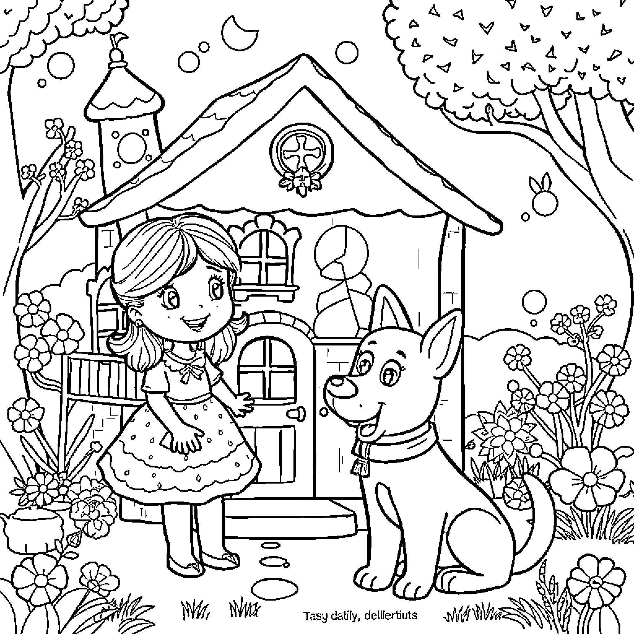 Gabby's Whimsical Cottage Adventure with Her Furry Companion Coloring Page (free black-and-white line drawing printable PDF for all, from beginners to advanced learners, including children, teens, adults, and seniors)