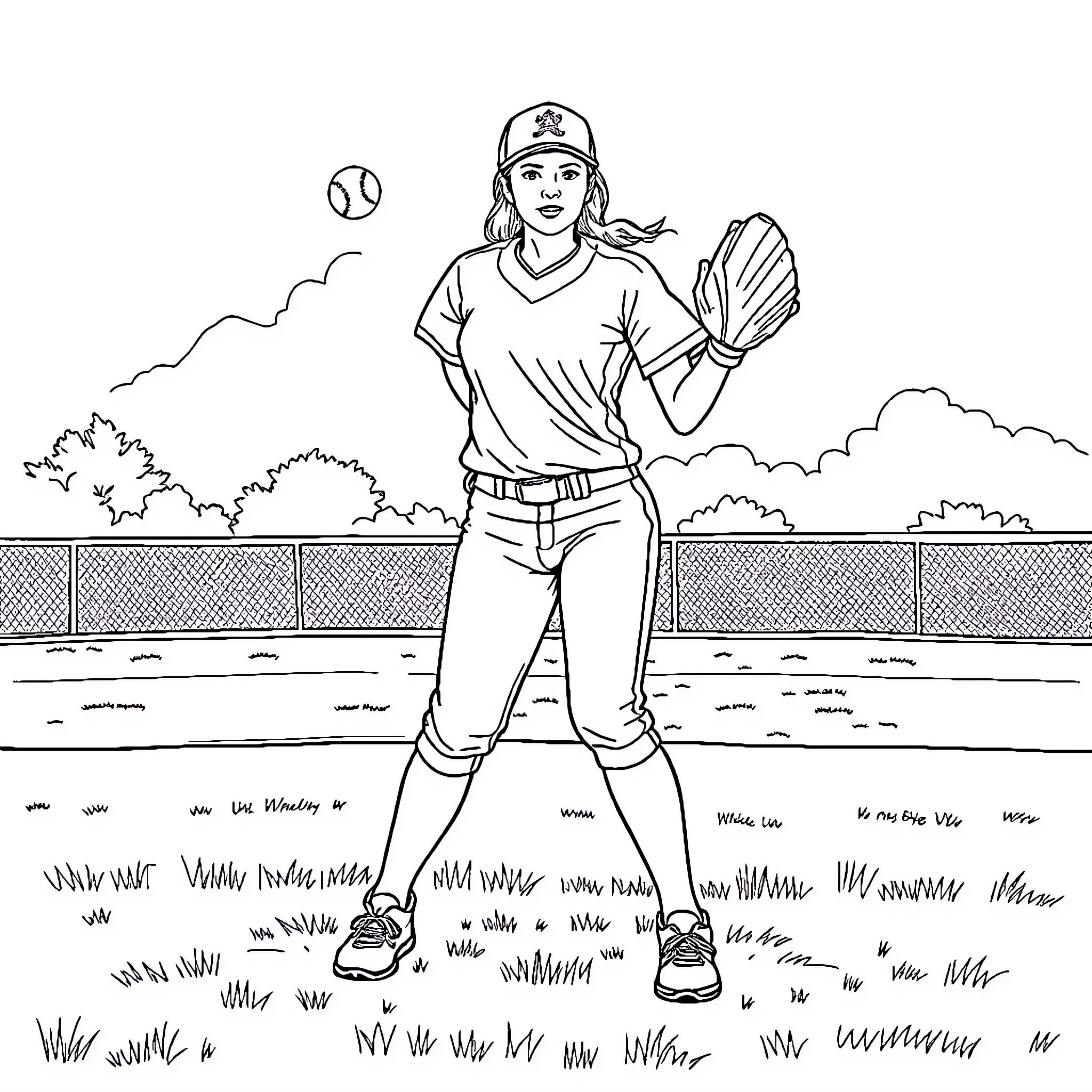 Softball Player Preparing to Pitch on the Field Coloring Page (free black-and-white line drawing printable PDF for all, from beginners to advanced learners, including children, teens, adults, and seniors)