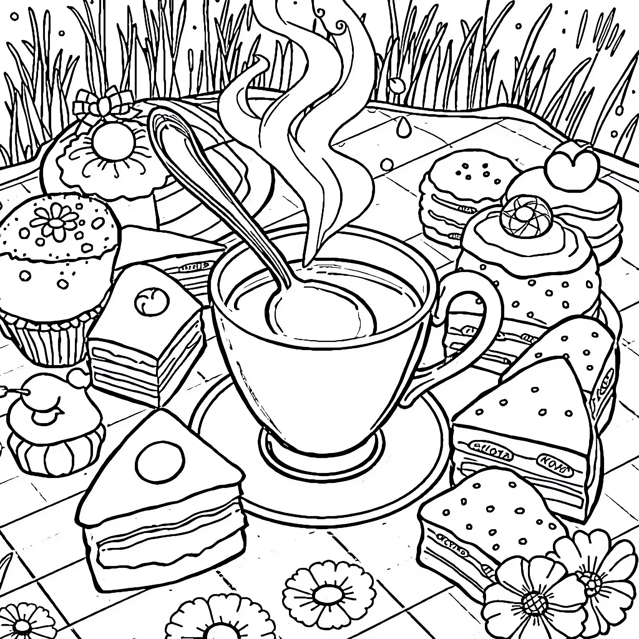 Spoon Delightful Treats and Beverages in Vibrant Scene Coloring Page (free black-and-white line drawing printable PDF for all, from beginners to advanced learners, including children, teens, adults, and seniors)