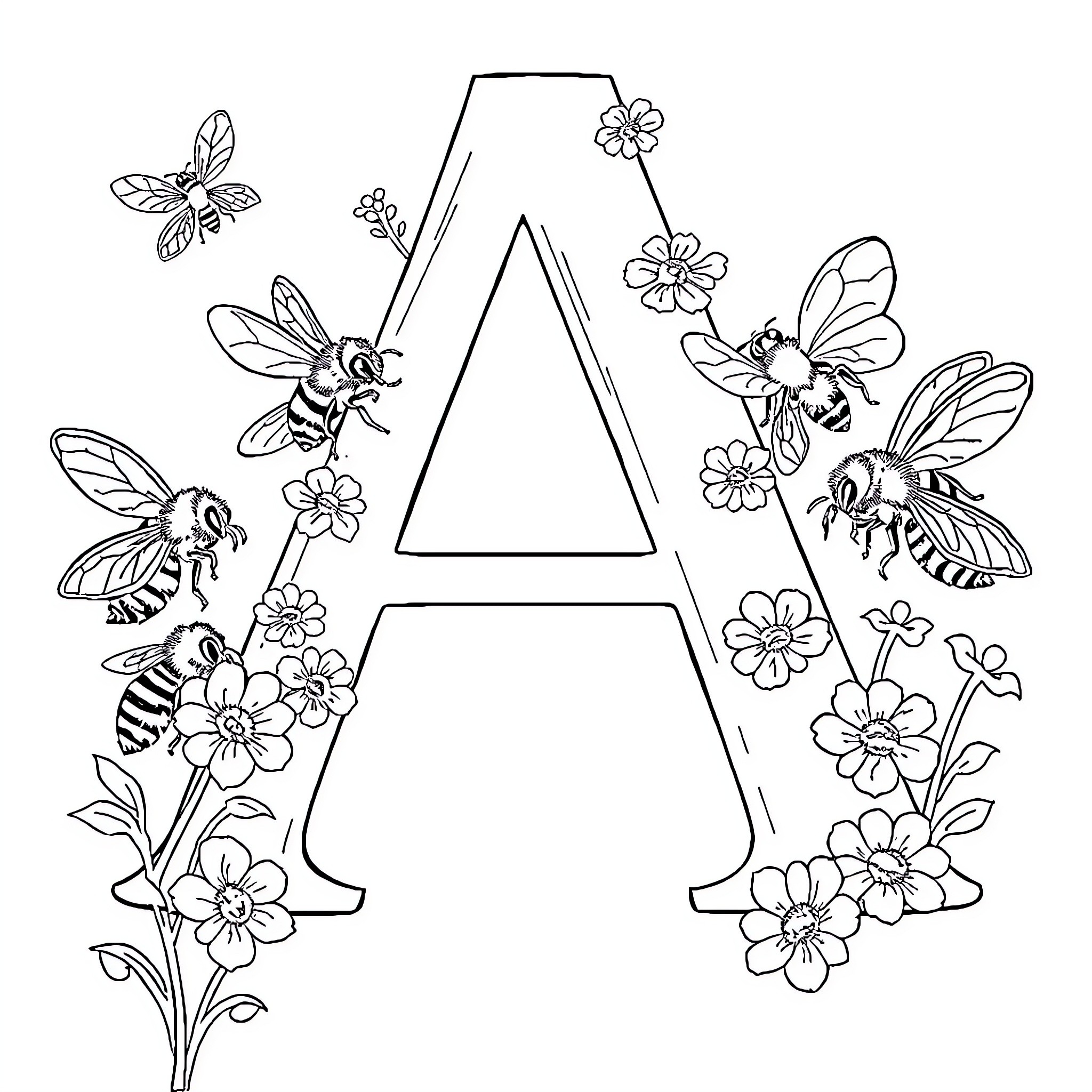 Letter A with Floral and Bee Designs Coloring Page (free black-and-white line drawing printable PDF for all, from beginners to advanced learners, including children, teens, adults, and seniors)