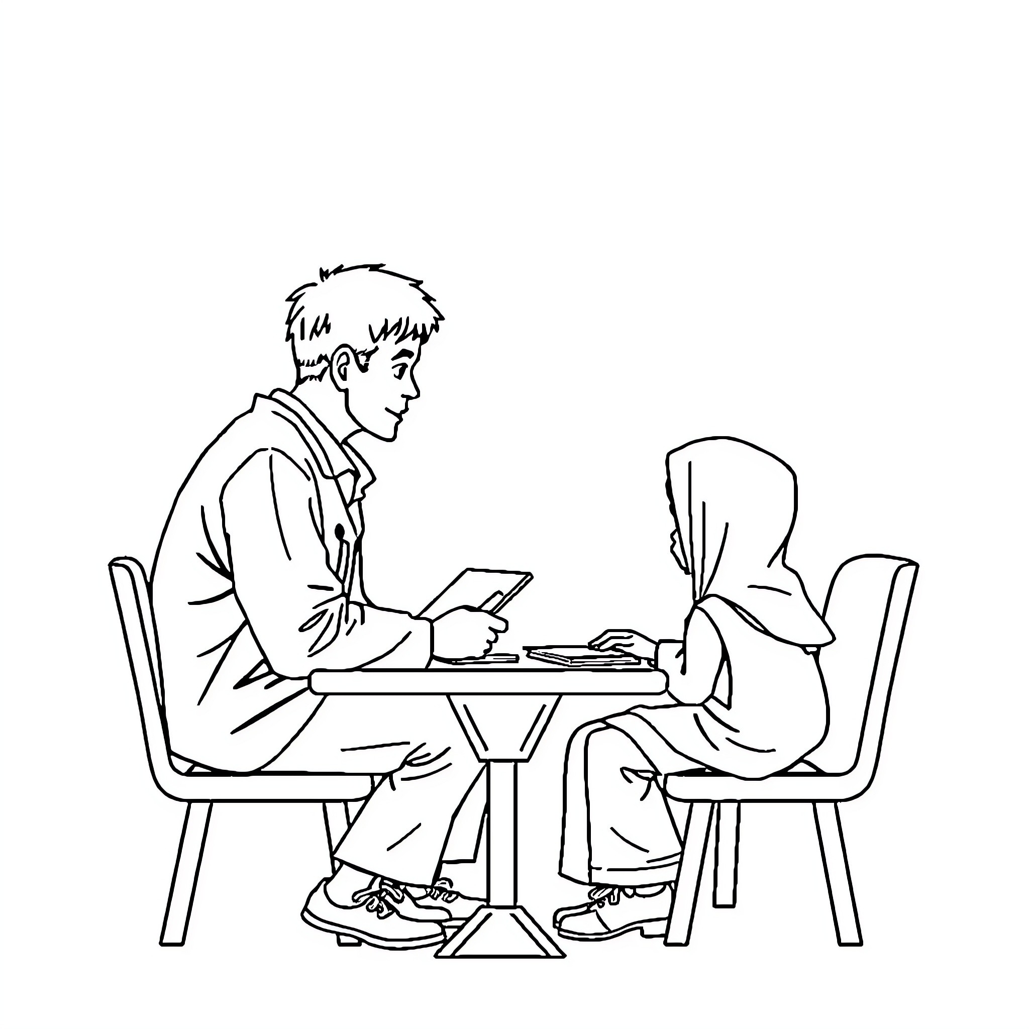 Guru Interacting with Student at Desk Coloring Page (free black-and-white line drawing printable PDF for all, from beginners to advanced learners, including children, teens, adults, and seniors)