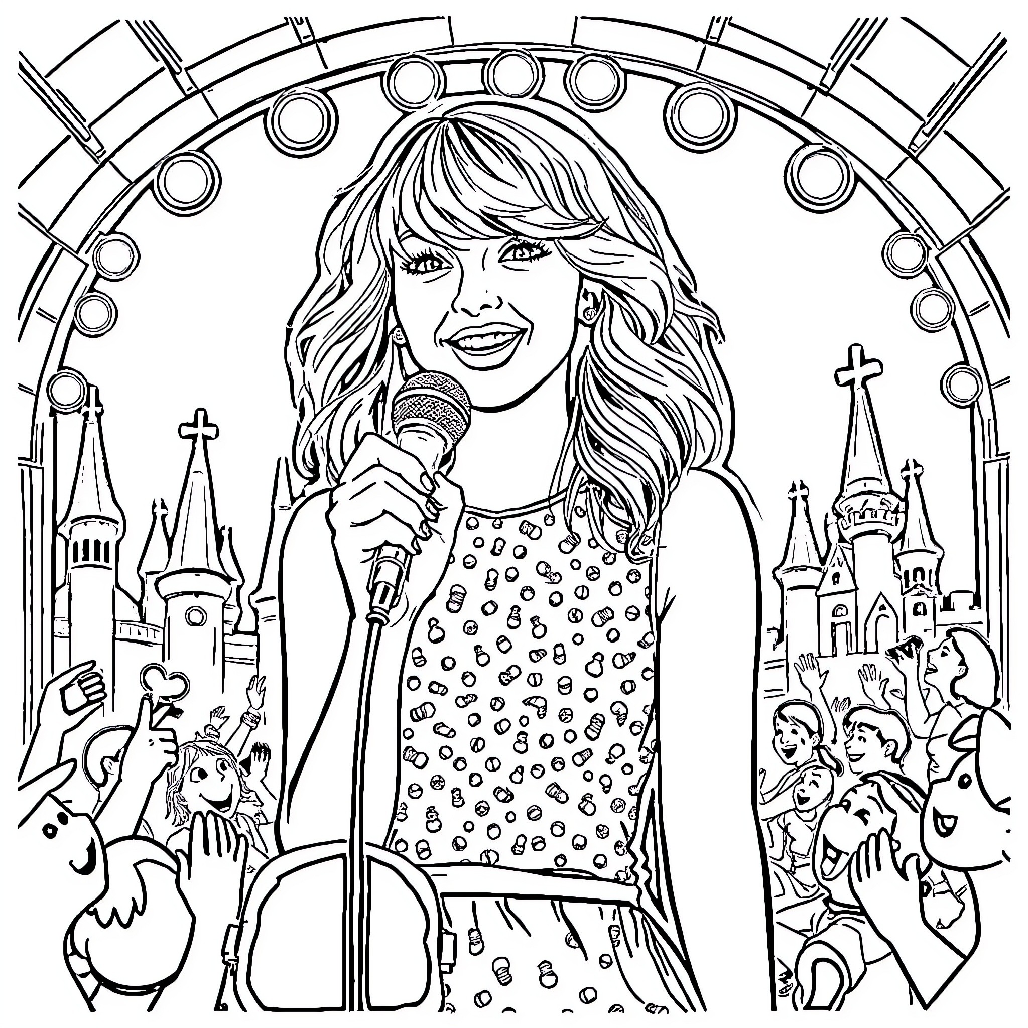 Taylor Swift performing on stage with a lively crowd Coloring Page (free black-and-white line drawing printable PDF for all, from beginners to advanced learners, including children, teens, adults, and seniors)