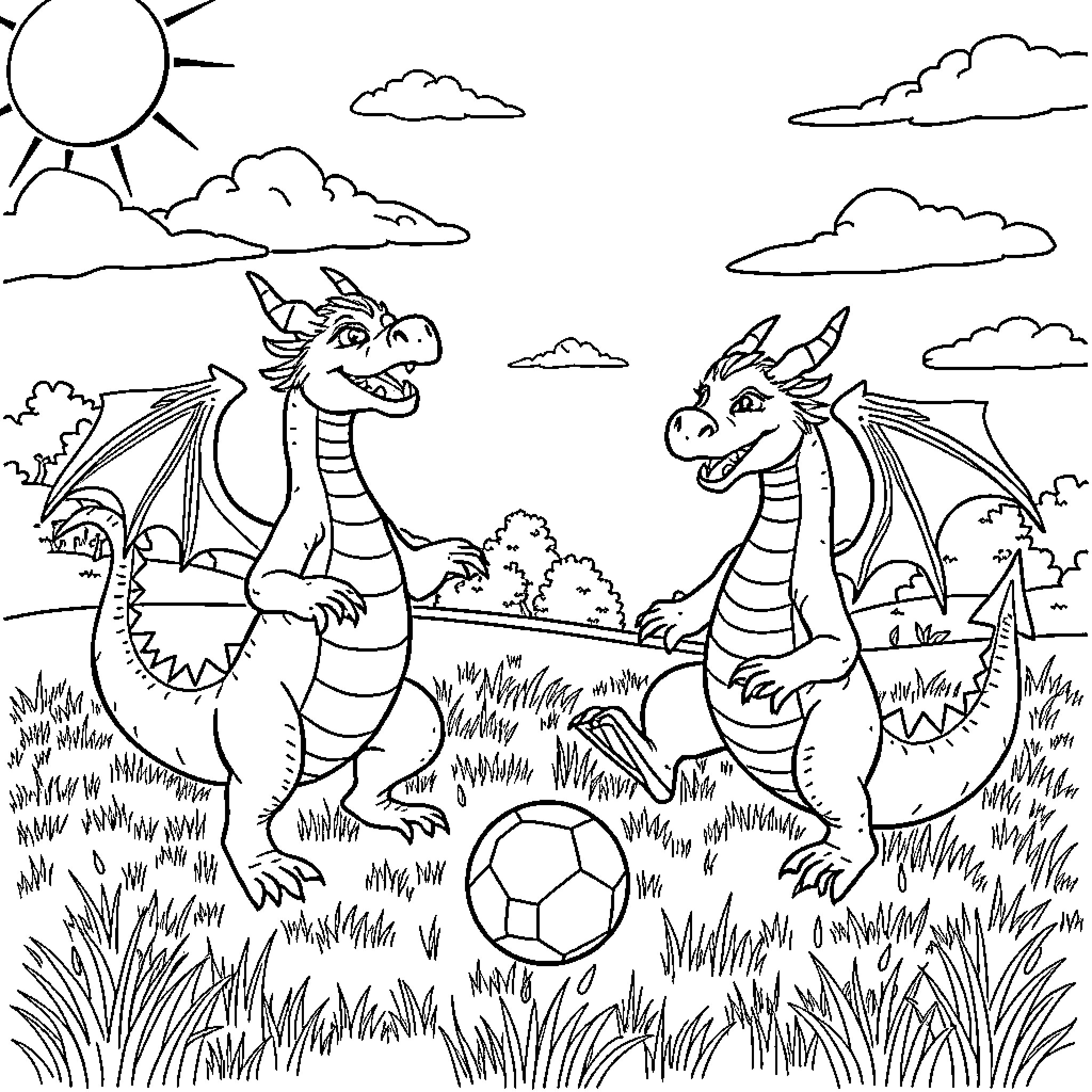 Dragon Duo Playing Soccer in Grassy Field Coloring Page (free black-and-white line drawing printable PDF for all, from beginners to advanced learners, including children, teens, adults, and seniors)