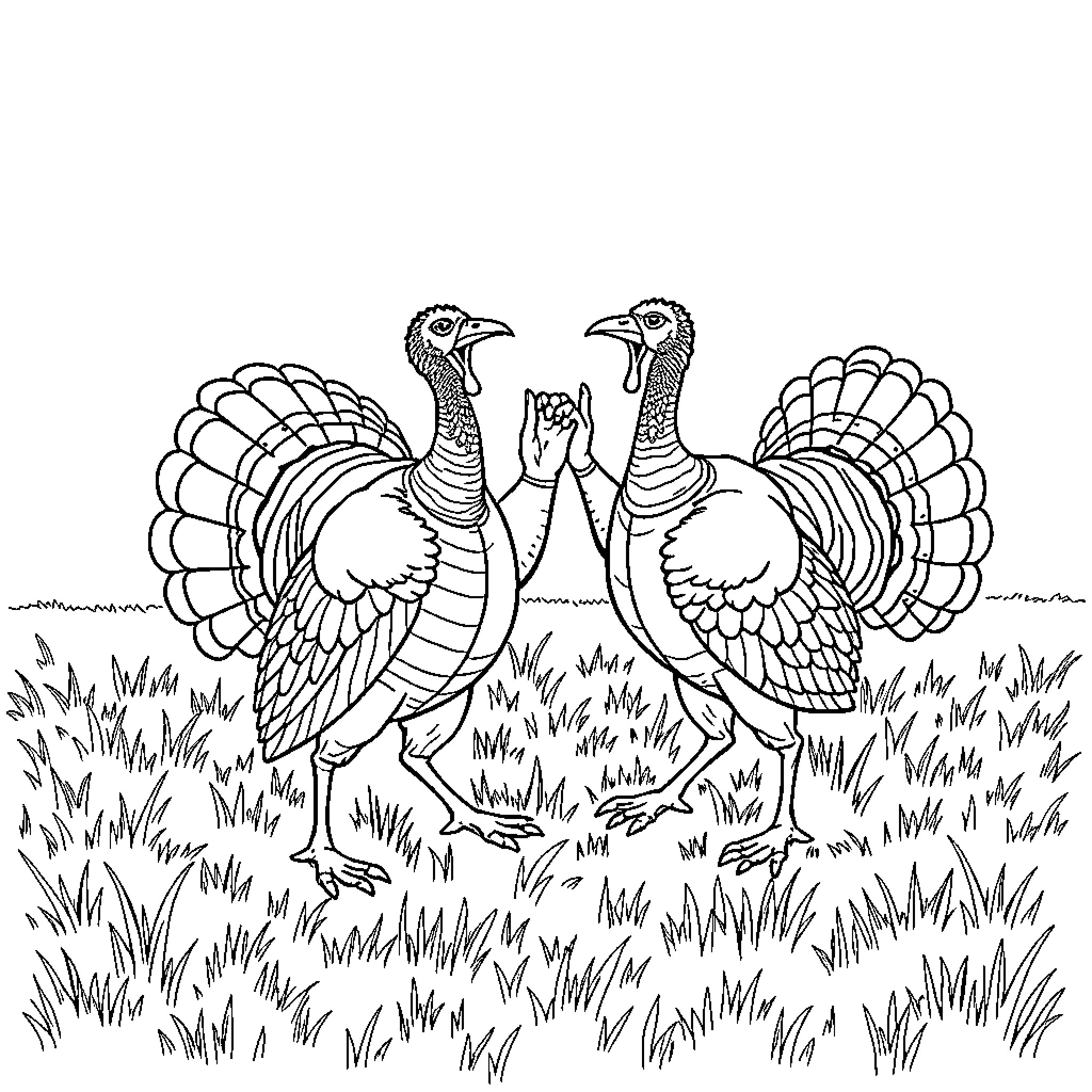 Turkey duo exploring the grassy field Coloring Page (free black-and-white line drawing printable PDF for all, from beginners to advanced learners, including children, teens, adults, and seniors)