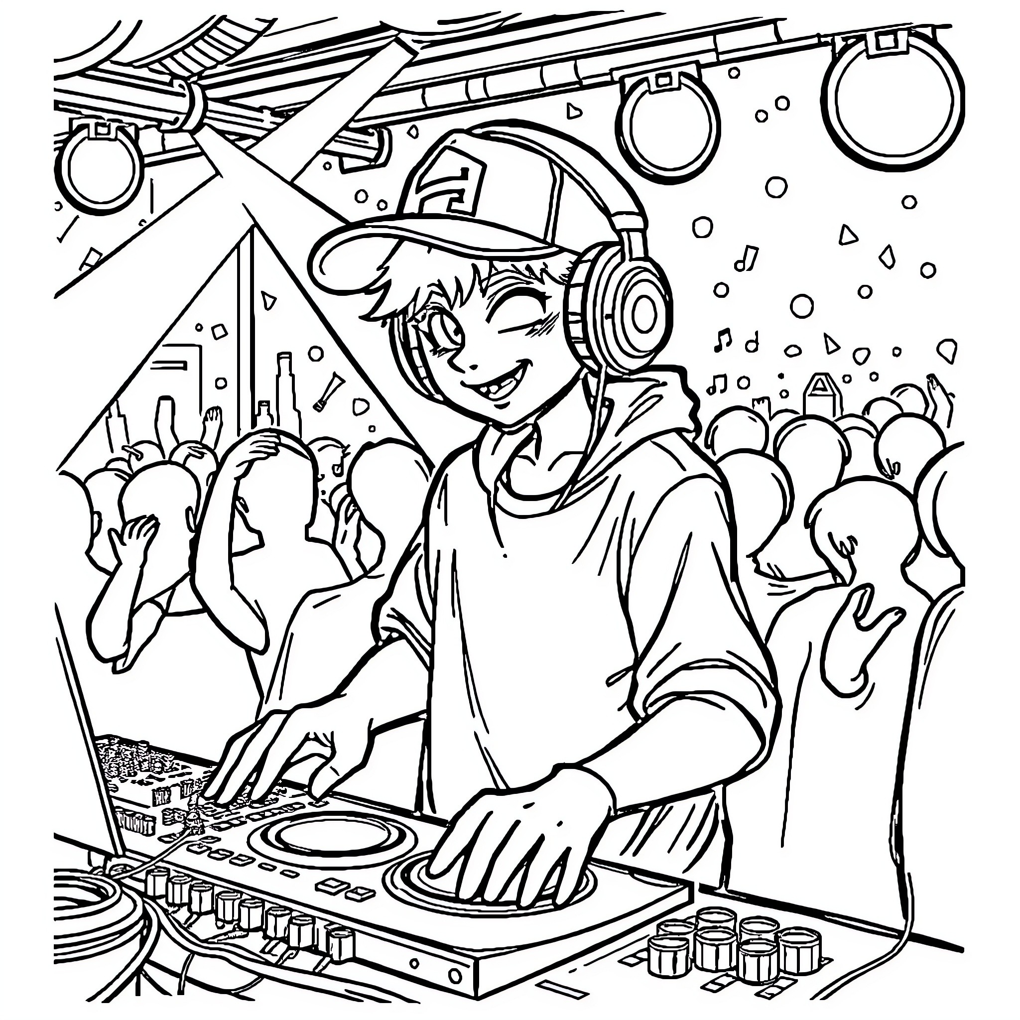 DJ Spinning Tunes for a Lively Crowd Coloring Page (free black-and-white line drawing printable PDF for all, from beginners to advanced learners, including children, teens, adults, and seniors)