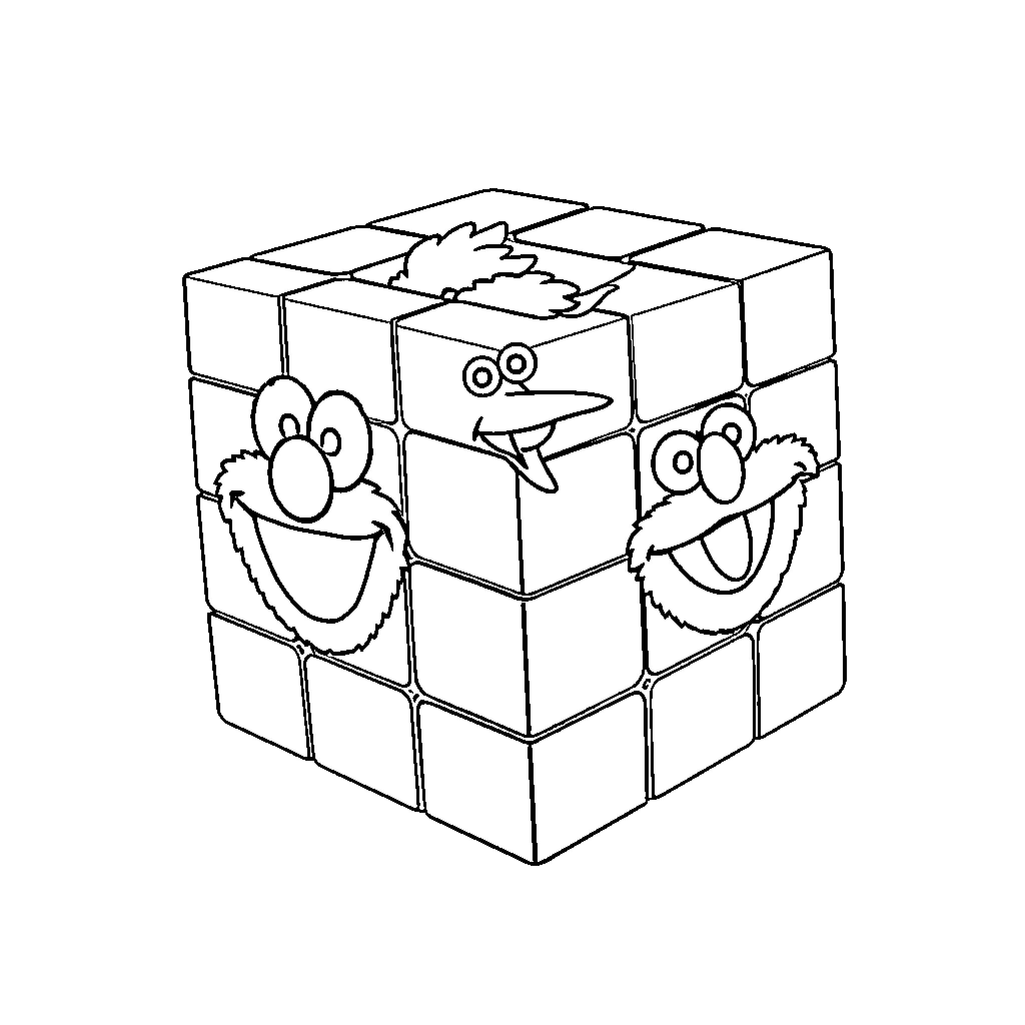 Rubik's Cube with Playful Faces Coloring Page (free black-and-white line drawing printable PDF for all, from beginners to advanced learners, including children, teens, adults, and seniors)