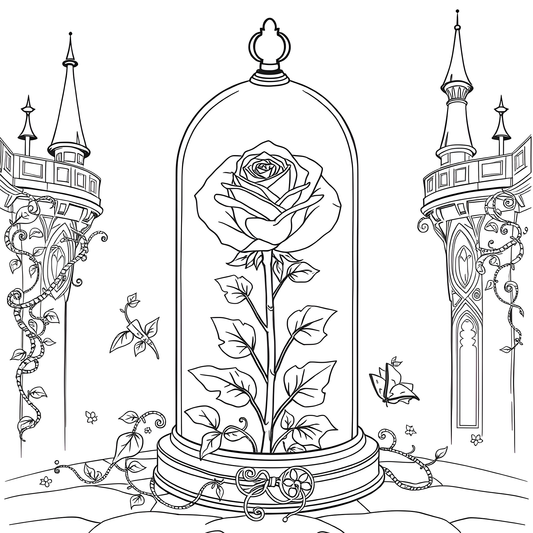 Rose Encased in a Whimsical Glass Dome Coloring Page (free black-and-white line drawing printable PDF for all, from beginners to advanced learners, including children, teens, adults, and seniors)