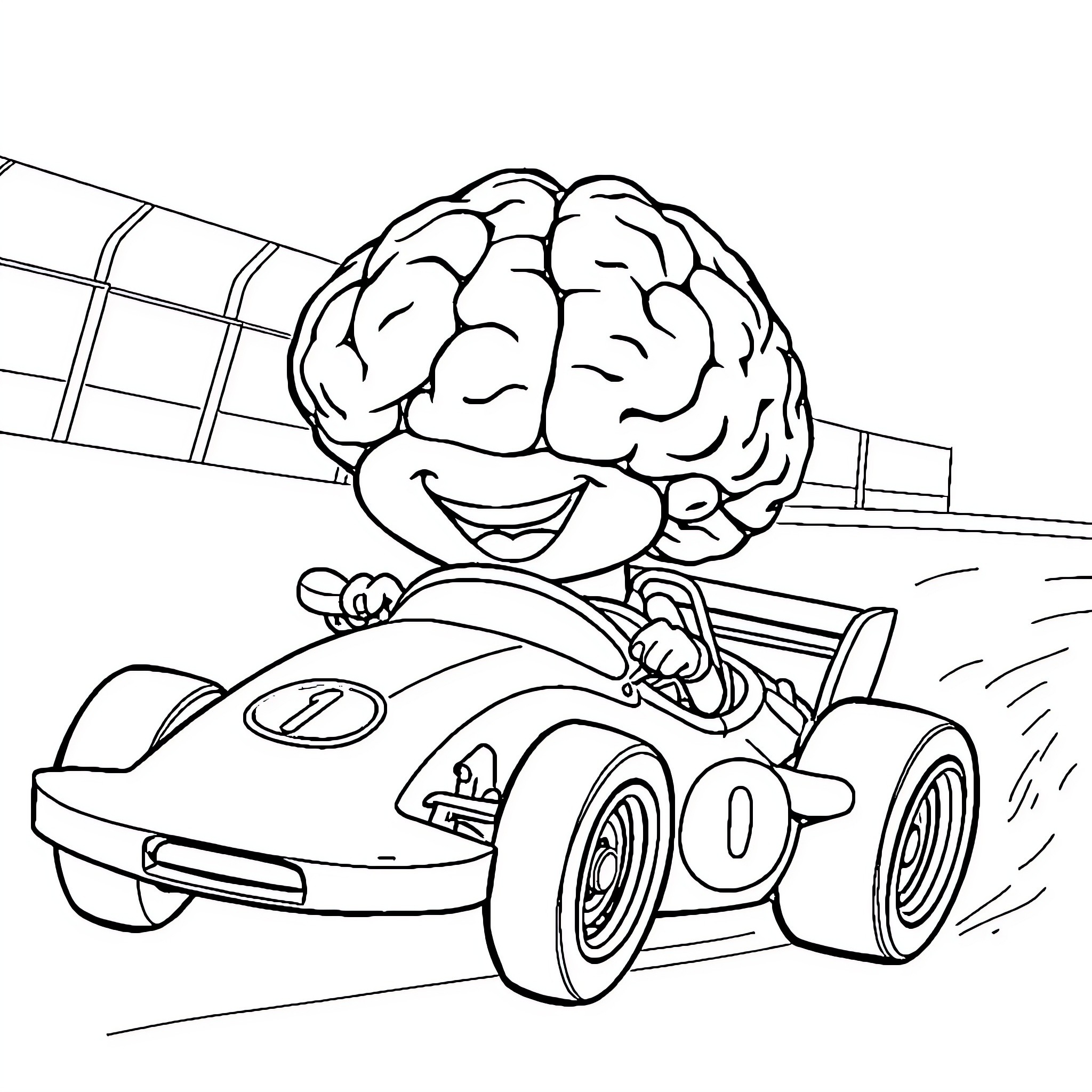 Brain driving a race car playfully Coloring Page (free black-and-white line drawing printable PDF for all, from beginners to advanced learners, including children, teens, adults, and seniors)